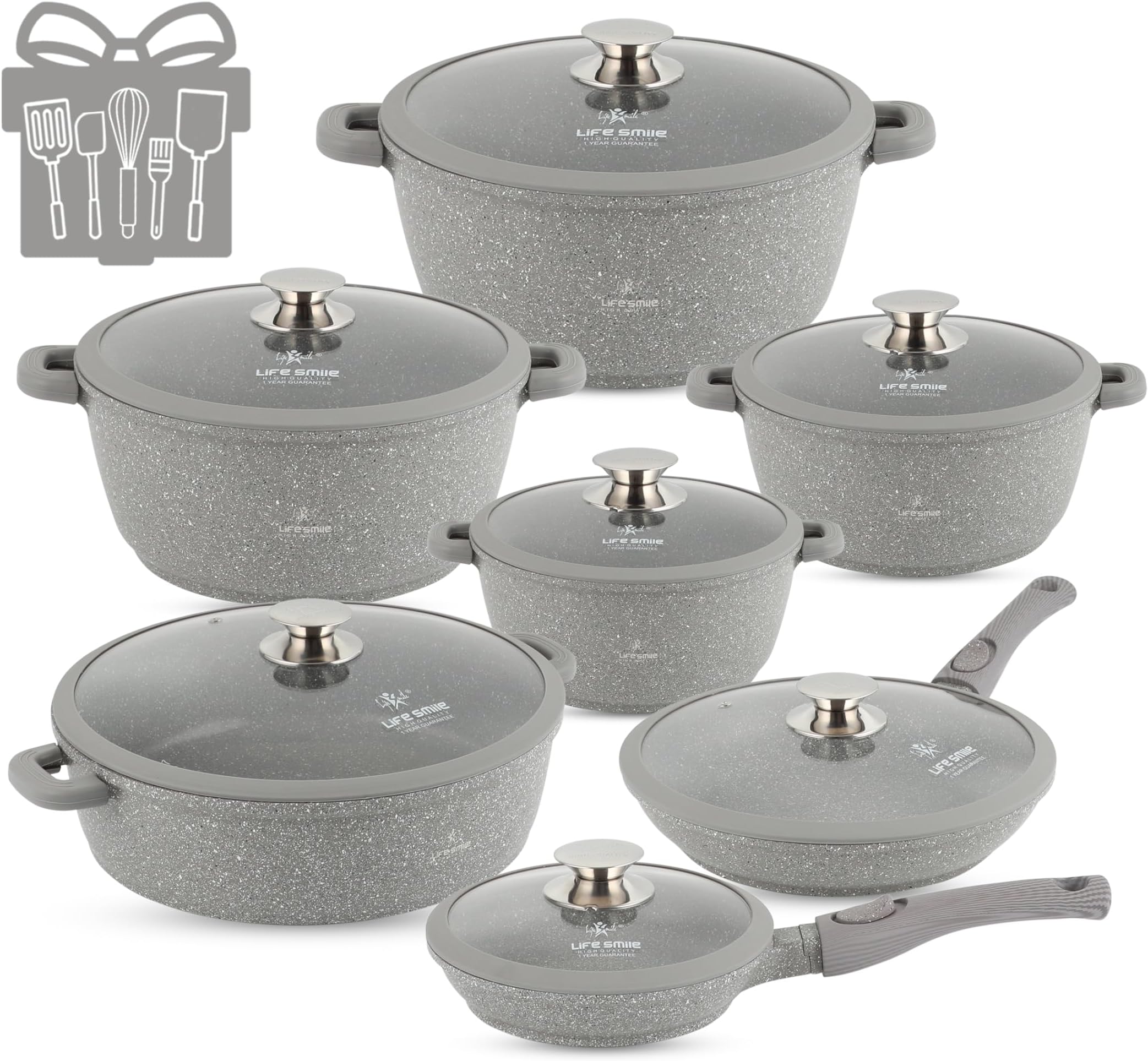 Cookware Set - Pots and Pans set Granite Non Stick Coating 100% PFOA FREE, Induction Base Cooking Set with Removable Silicone Handles - Oven Safe (Grey, 29 Pieces)