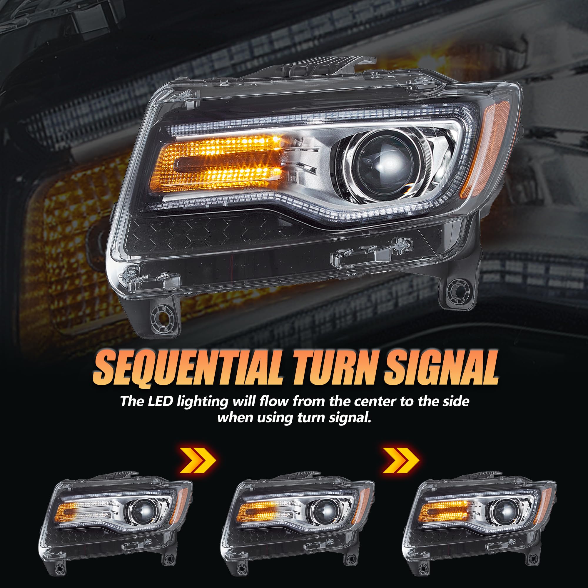 Reflektor LED Grand Cherokee WK2 2011 2012 2013 z dynamicznym wyświetlaczem po stronie kierowcy i pasażera, chromowany