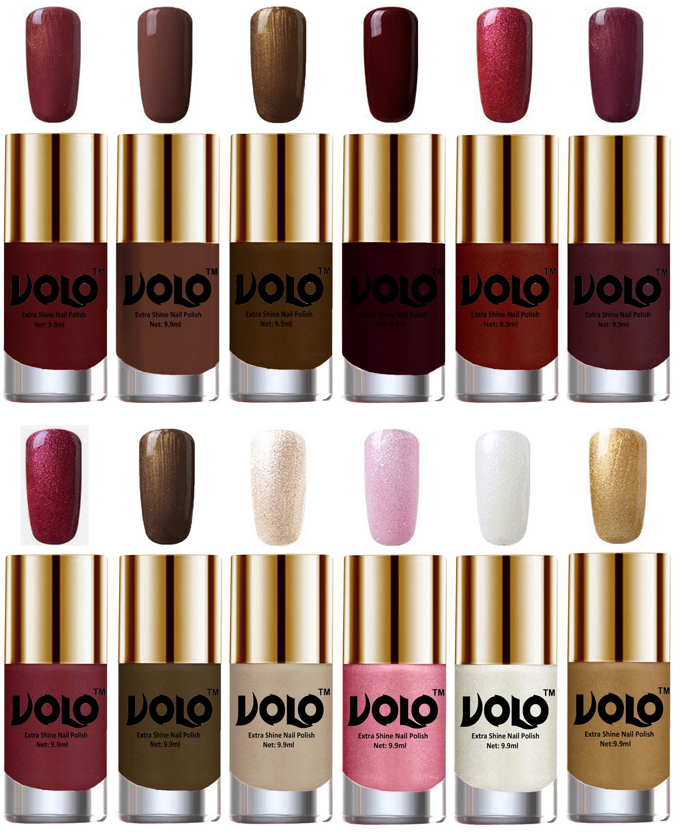 Volo Super Shine Nail Polish Set of 12 Vibrant Shades (Metallic Maroon, Chocolate Brown, Brown Coffee, Maroon, Lava Lust, Shimmer Coffee, Metallic Red, Gold, Metallic Coffee)-image-9
