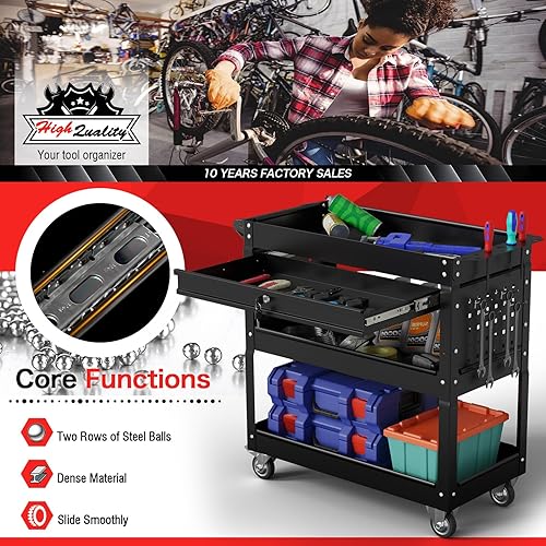 Miniatura 3 de Carrito de utilidad resistente de 3 niveles con ruedas, carrito de herramientas rodante sobre ruedas con un cajón, capacidad de carga de 350 libras,