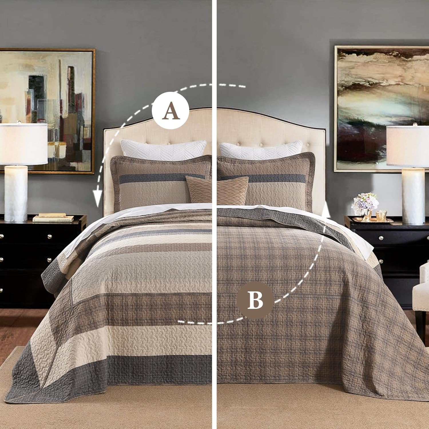 SahSahCasa 120"x102" 100% Cotton Oversized Queen Bedspread Coverlet Quilt Set, Queen Quilted Striped Bedspread Extra Large Quilt, XL Bed Spread Lightweight Comforter, 3pc, Charcoal/Beige/Brown - Image 7