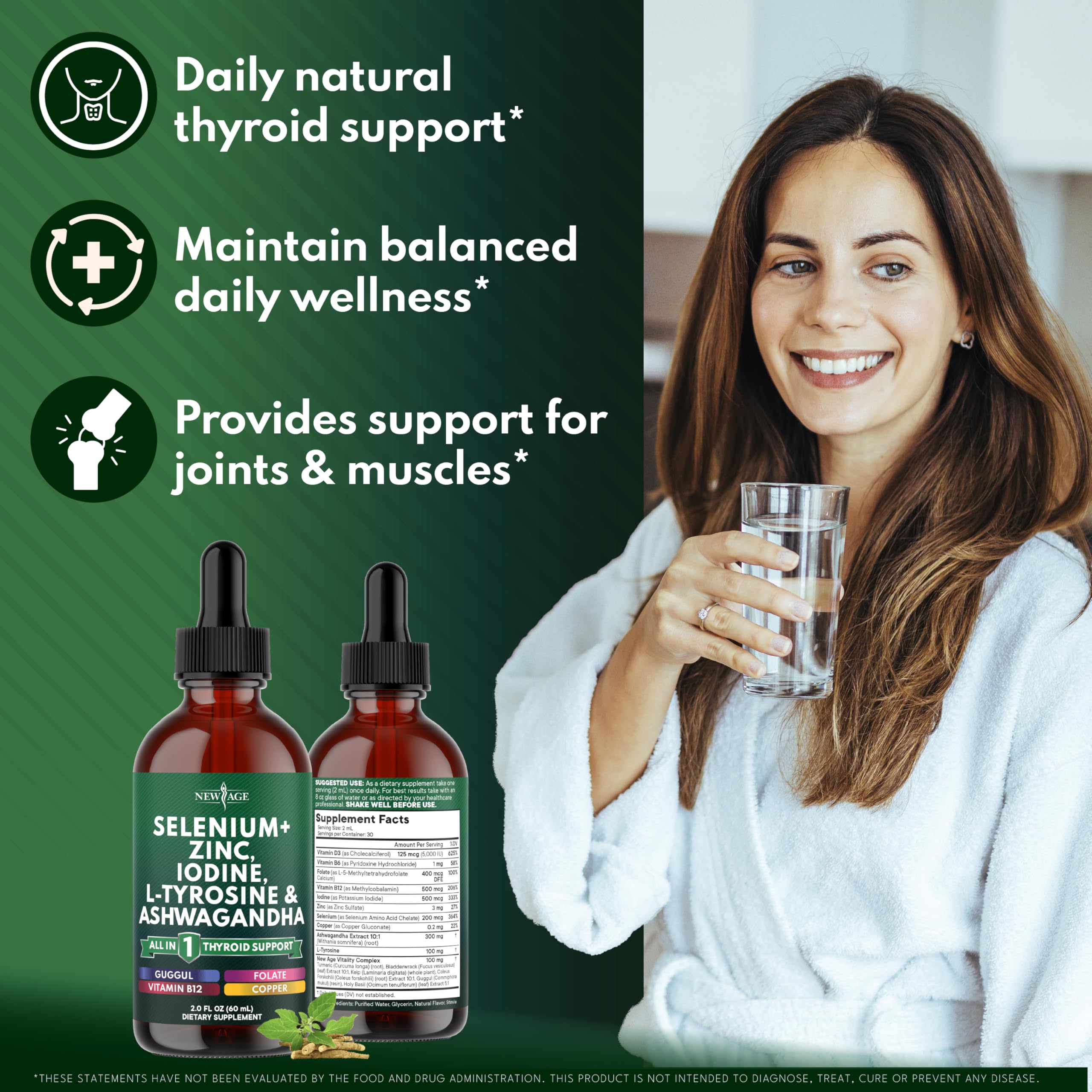 Thyroid Support Drops - Selenium, Zinc, Iodine, L Tyrosine, Ashwagandha, Turmeric, Schisandra Guggu, Cayenne, Basil - Liquid Supplement Folate Copper Alcohol -Free, Vegan, Non-GMO – 4 oz — Amazon image 3
