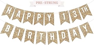 Pre-Strung Happy 13th Birthday Banner - NO DIY - Gold Glitter 13th Birthday Party Banner For Boys Girls - Pre-Strung Garland on 6 ft Strands - Gold Birthday Party Decorations & Decor. Did we mention no DIY?