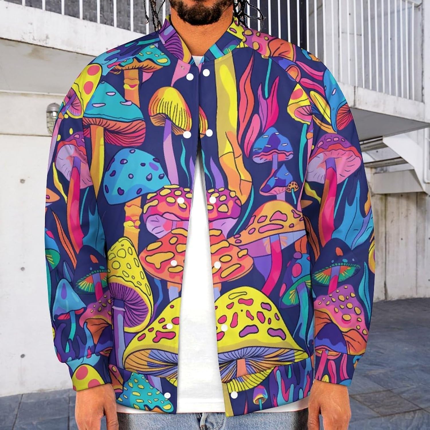 Psychedelic Mushroom Novelty Men's Baseball Jackets Causal Sweatshirt Button Top Long Sleeve Coat