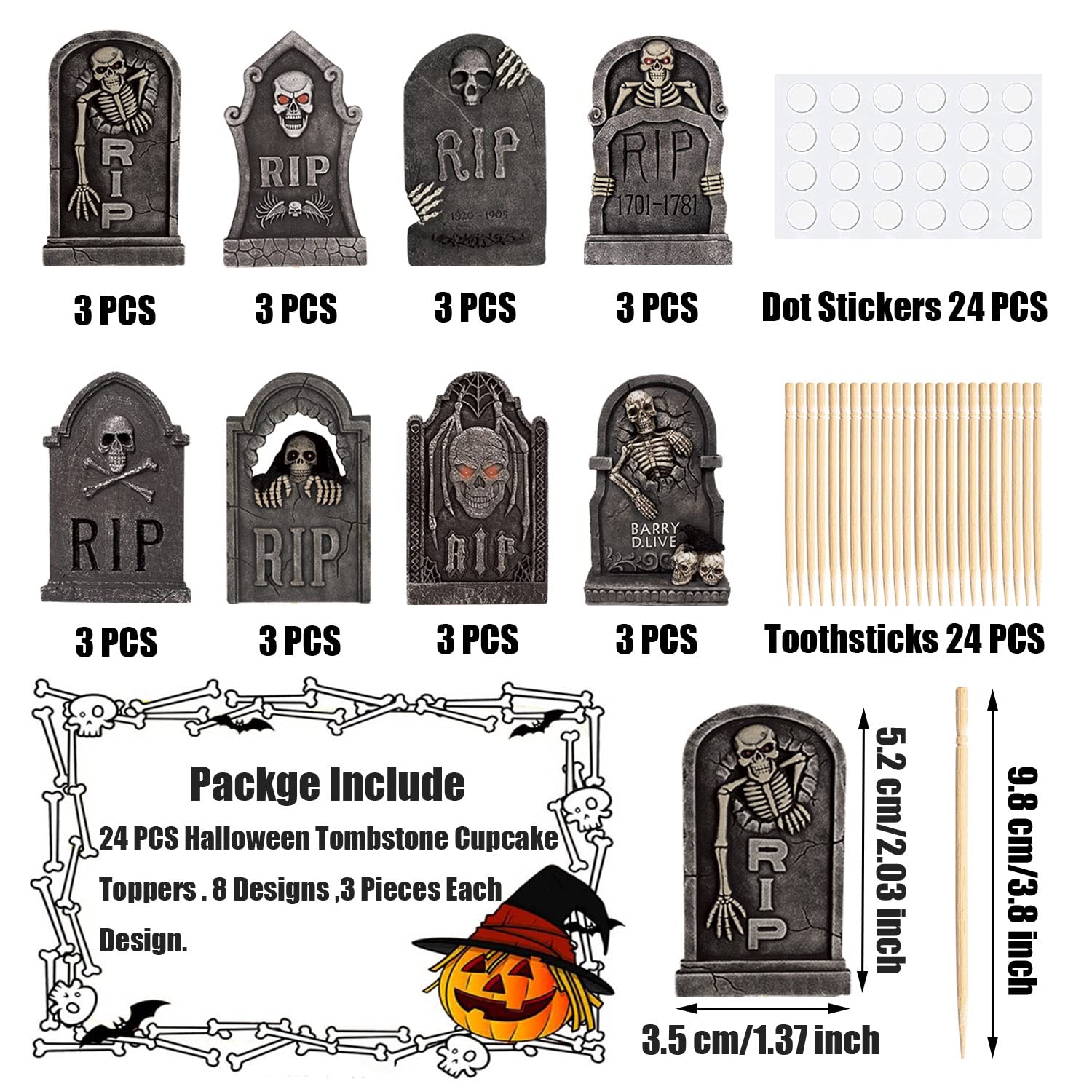 VARACL 24 Pieces Halloween Tombstone Cupcake Toppers, 8 Designs Tombstone Graveyard Cake Toppers Scary Cupcake Decoration Table Centerpiece Sticks Appetizer Picks for Halloween Party Supplies