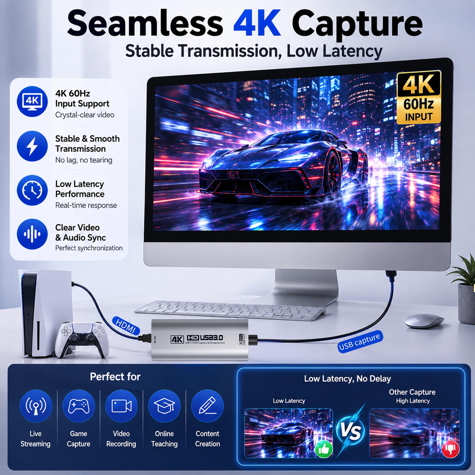 Guermok Carte d'acquisition HDMI 4K60FPS/2K120FPS, PD100W, USB3.0, Argent | Streaming, enregistrement et jeu à faible latence, Compatible avec consoles portables, Plug-and-play sans pilote, ordinateurs