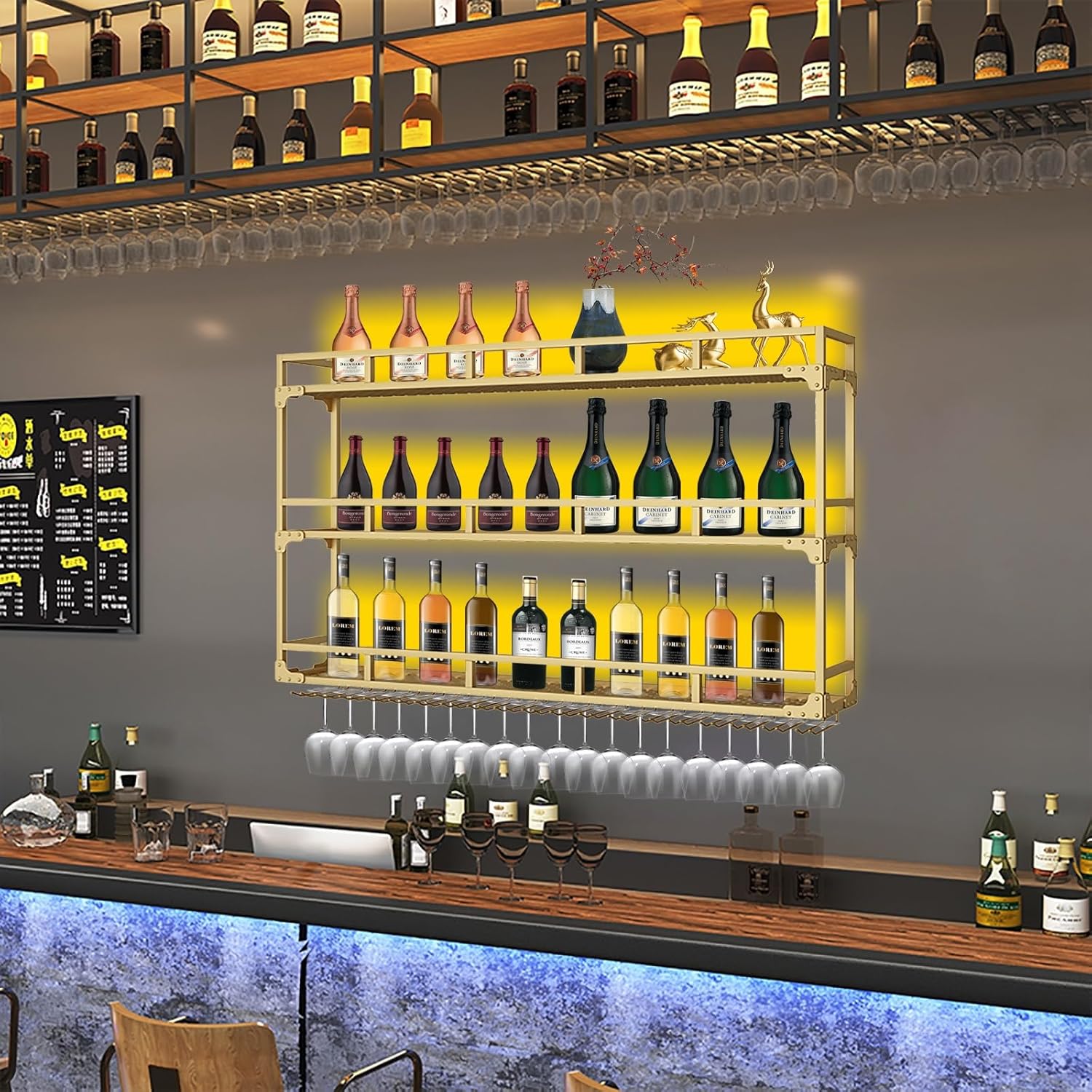 Wall-Mounted Wine Rack with LED Light, Modern Metal Wine Holder & Glass Storage for Home, Kitchen, Restaurant, Bar, Cellar - Stylish Wine Display and nizer