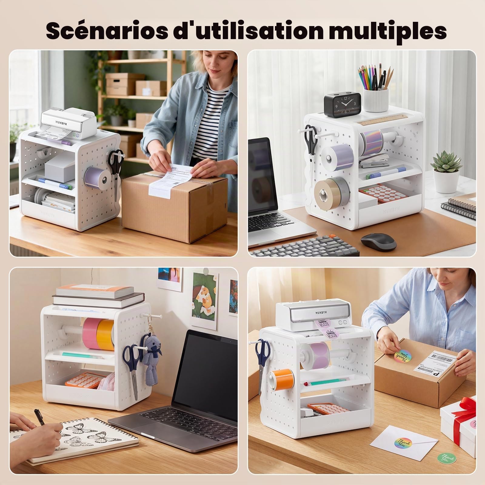 MUNBYN Le Porte-étiquettes Thermiques 4x6 est, 5 en 1 doté de Trois étagères, de tiroirs, de Crochets et d'un Panneau perforé. Idéal pour l'impression d'étiquettes d'expédition, Le Bureau et lmaison