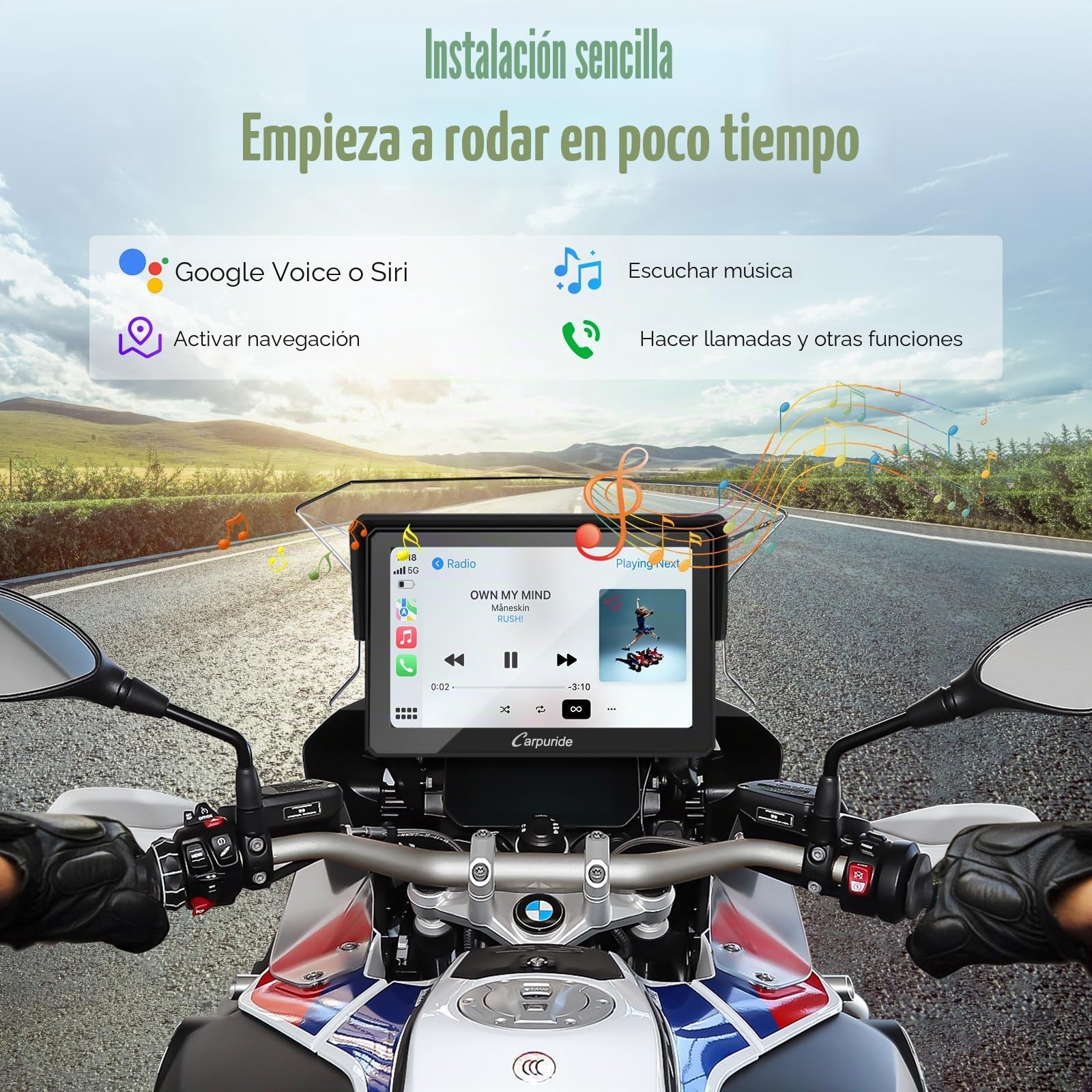 Carpuride W502B - Pantalla GPS 5 Pulgadas para Moto BMW R1200GS/R1250GS/S1000XR, CarPlay y Android Auto Inalámbrico, Pantalla Táctil Impermeable, Bluetooth Dual, Navegación Portátil para Moto