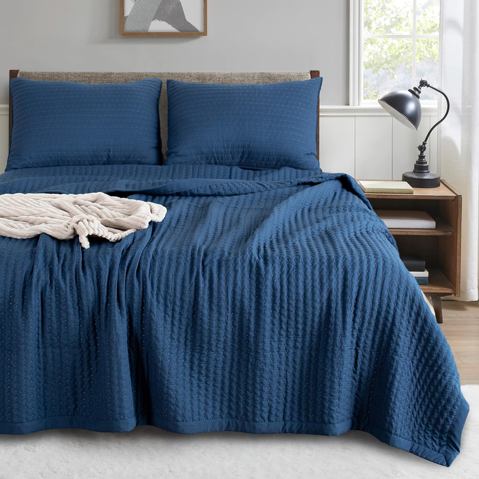 Amazon.com: KASENTEX Dark Blue Twin Size Quilt Bedding Set with Pillow ...