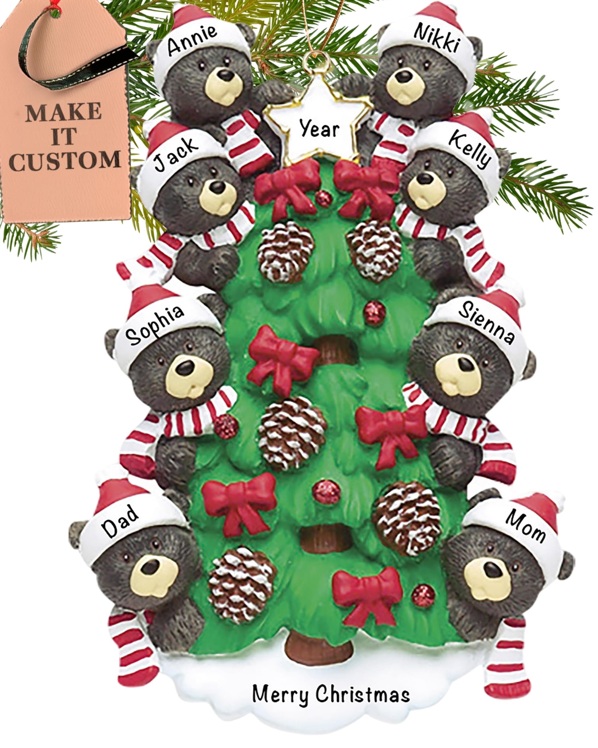 Holiday Traditions Multicolor Personalised Large Family Of 8 Ornament 2025 – Fast & Free 24H Customisation – Black Bear Christmas Ornaments For Tree – Custom Gift Wrapped Xmas Keepsake For Eight Persons