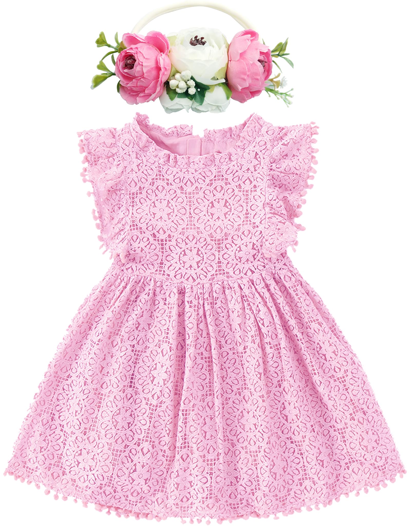 BGFKS Baby Girl Tutu Dress Elegant Lace Pom Pom Flutter Sleeve with Flower Headband Set