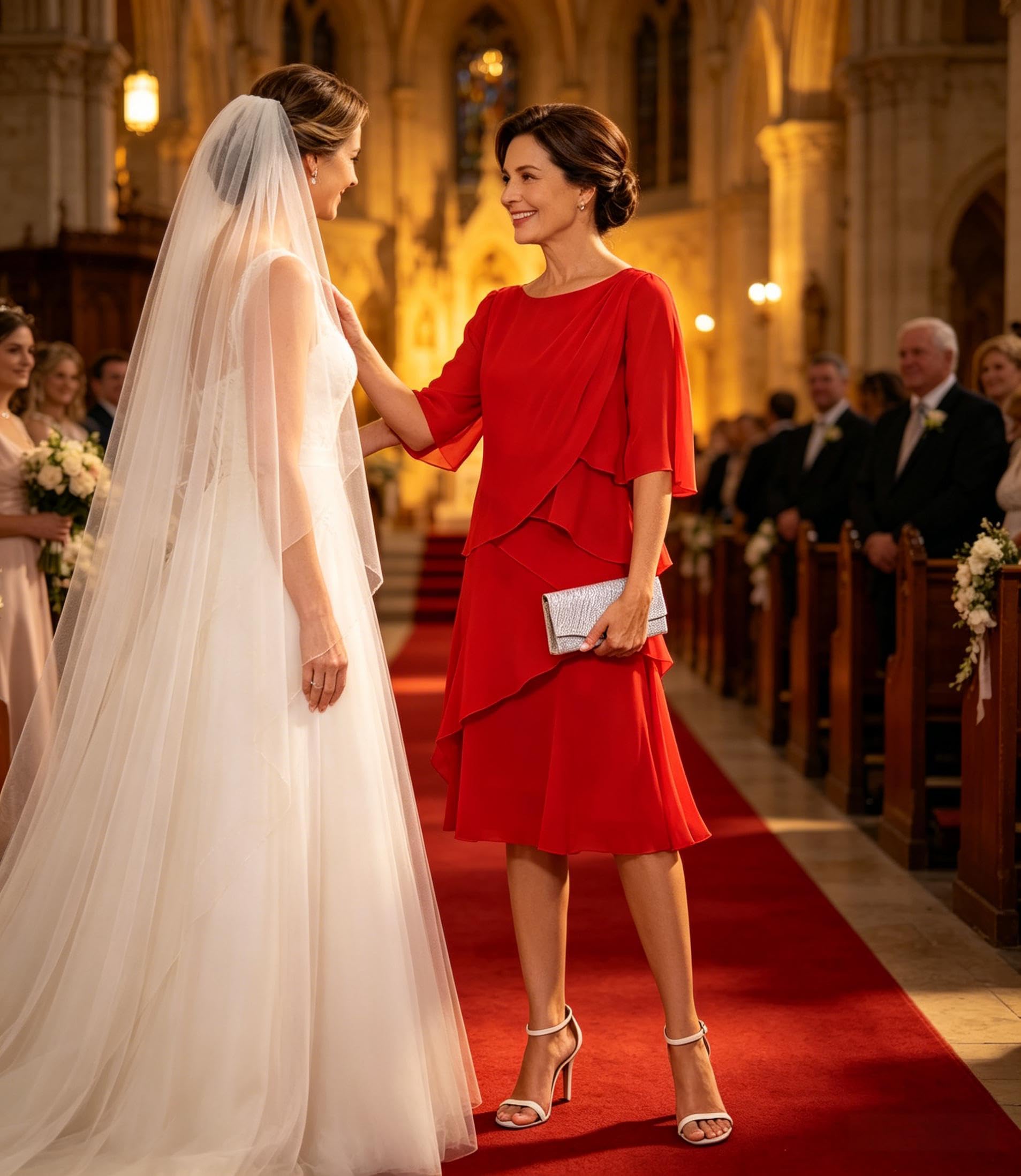 Chiffon-Kleid mit Rüschen, für Abendveranstaltungen, gestuft, für die Brautmutter mit Ärmeln