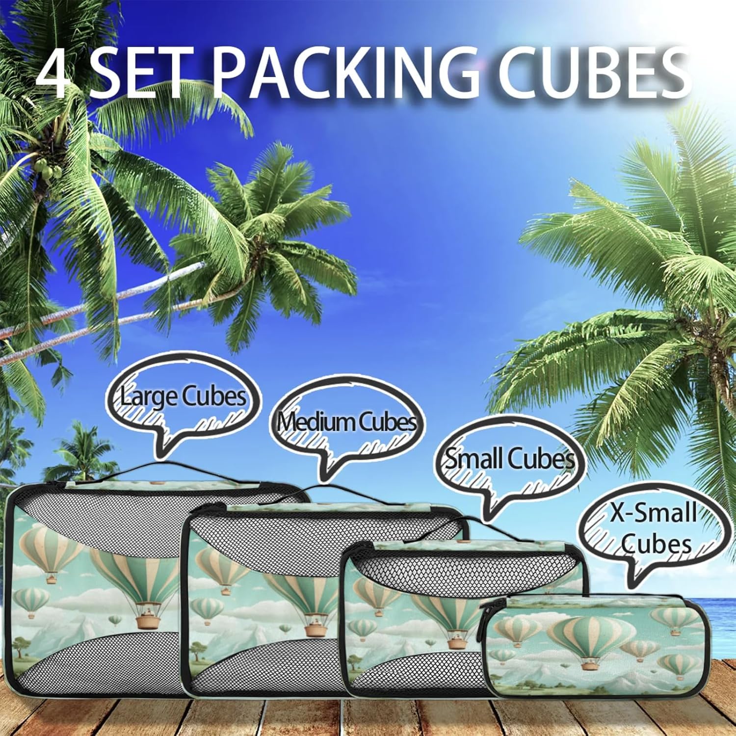 4 Set Packing Cubes for Suitcases, Large Hot Air Balloons Travel Luggage Packing Organizers for Women Men, Custom Toiletries Bag for Cosmetics Toiletries, Watercolor Hot Air Balloons