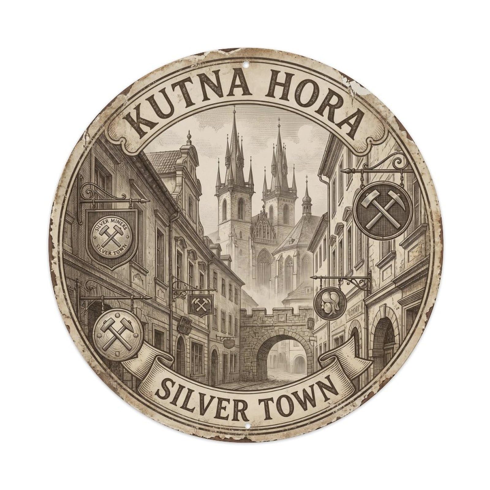 Vintage Travel Kutna Medieval Czech Metal Tin Sign