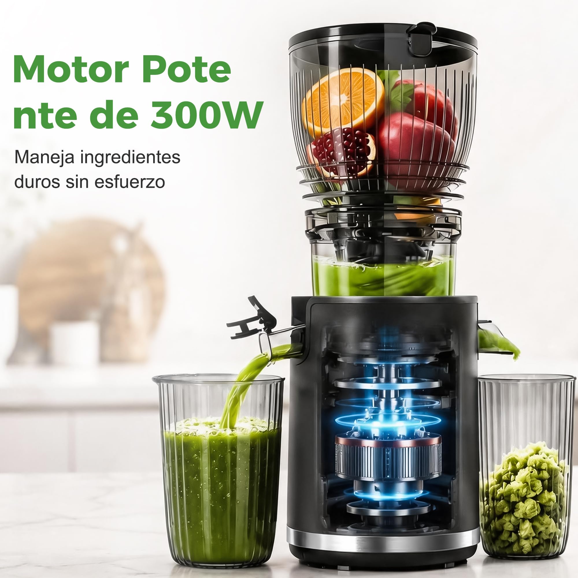 YASHE Extractor de Zumos Lento 300W, Boca 148 mm para Frutas y Verduras Enteras, con Función Marcha Atrás, Motor Silencioso, Sin BPA, Fácil Limpieza