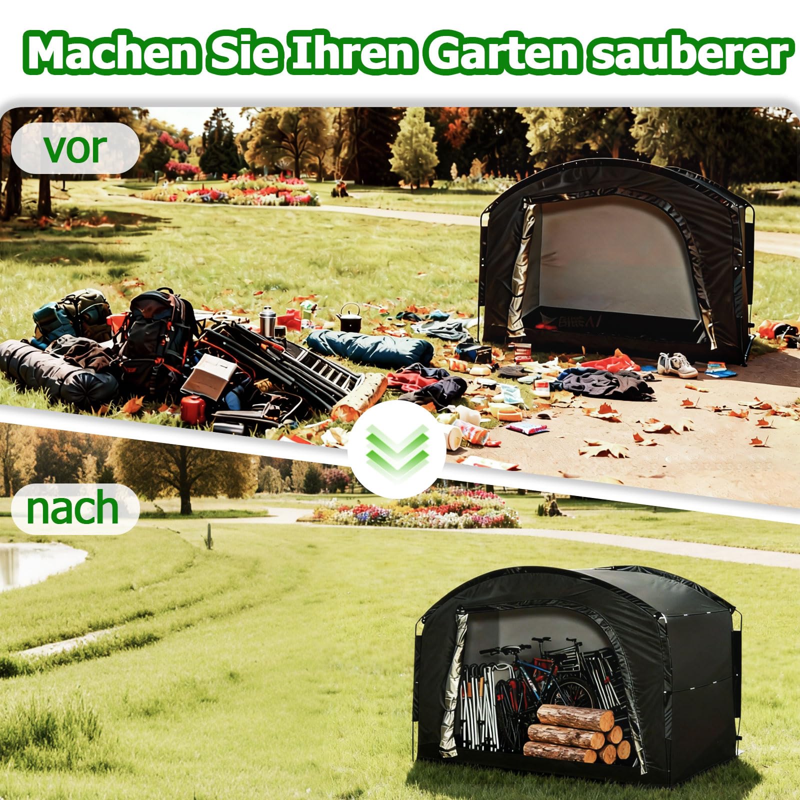 Fahrradzelt für 4 Fahrräder, 220*150*185cm Großräumiger Fahrradgarage Wasserdicht UV-beständig, Geräteschuppen für die Lagerung von Fahrrädern, Gartengeräten, Tischen und Stühlen im Freien