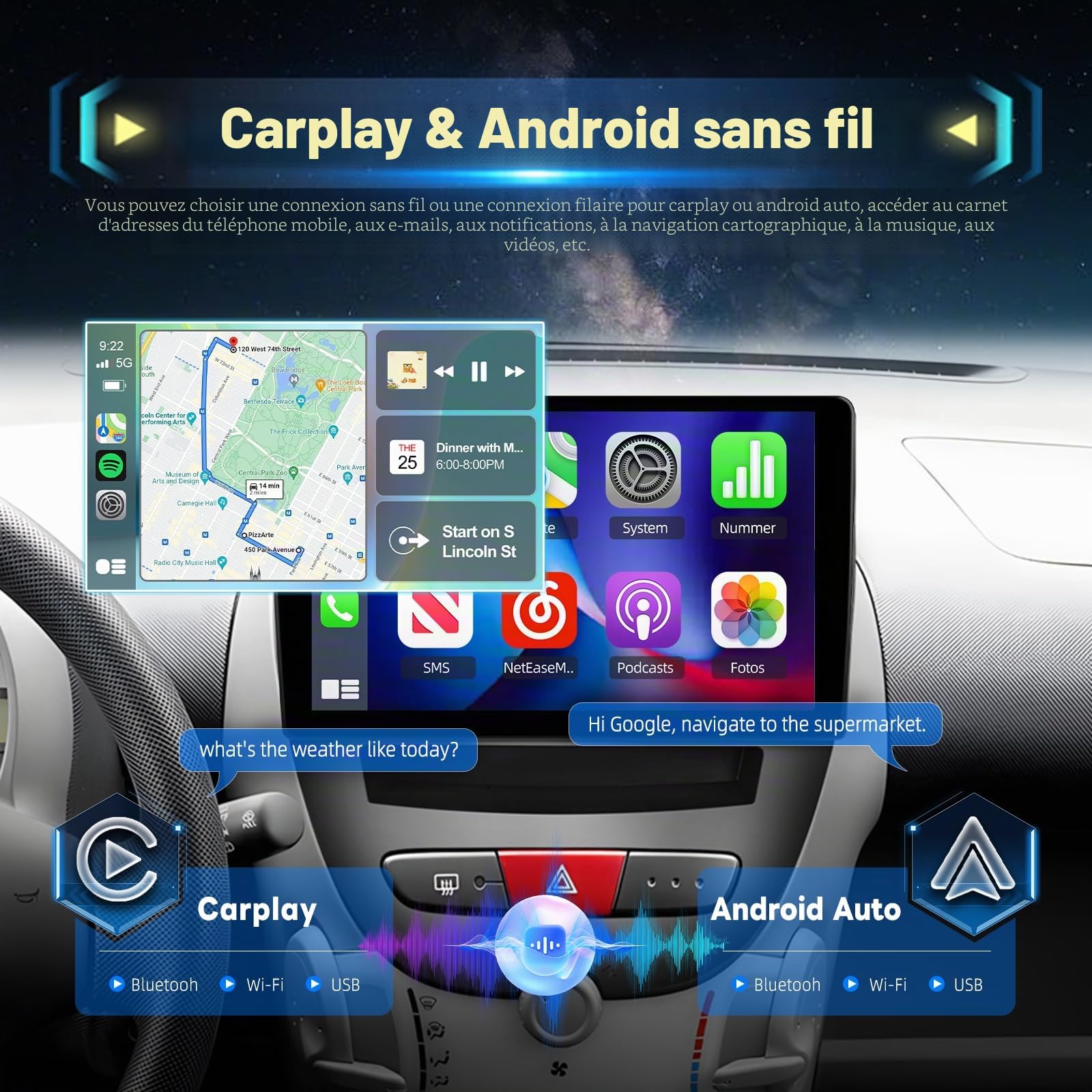 4G+128G Android Autoradio pour Toyota Aygo/Peugeot 107/Citroen C1 2004-2014 avec Carplay & Android Auto sans Fil, Écran Tactile IPS 9 Pouces avec GPS, WiFi, EQ, Bluetooth 5.0, Radio FM/RDS