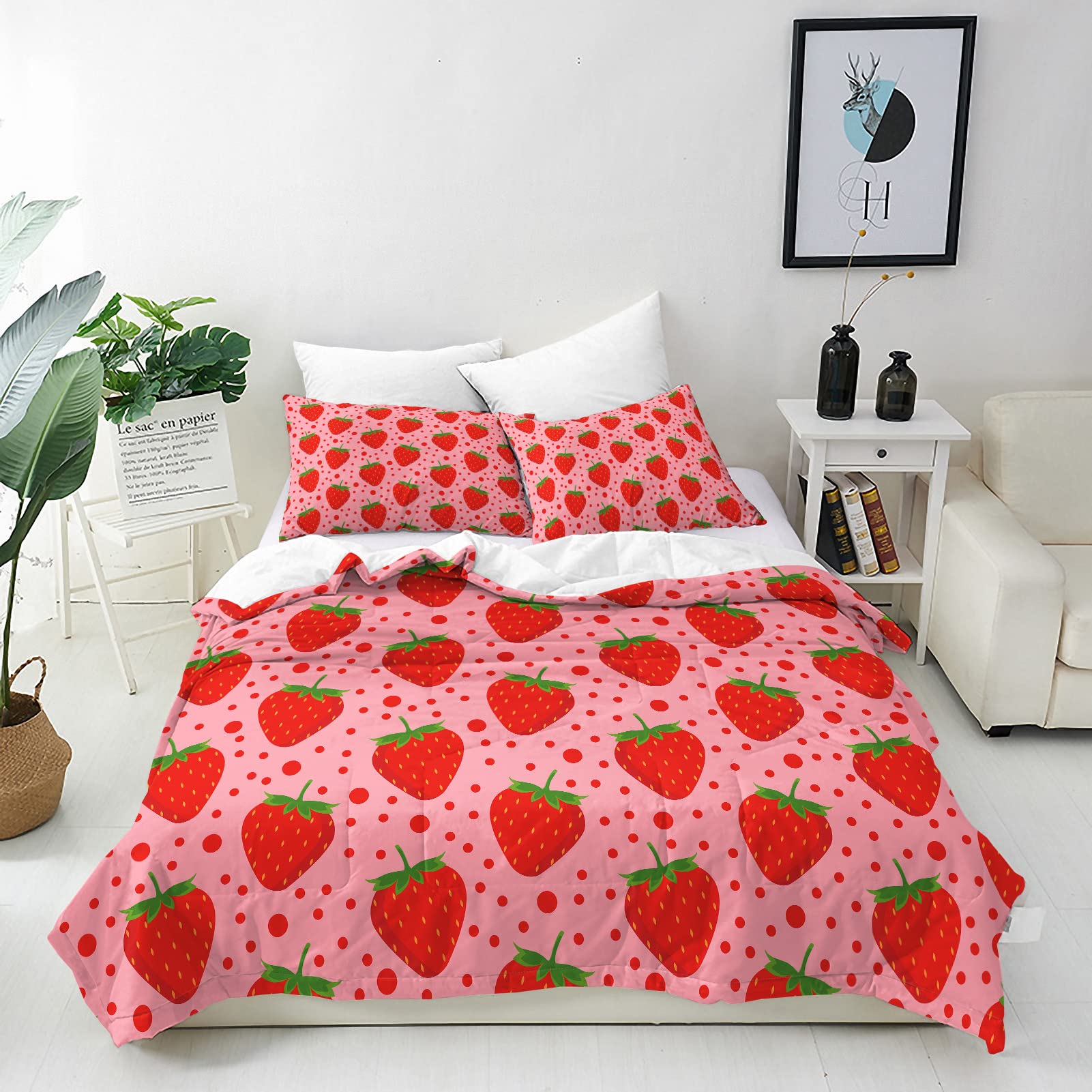 ANHOPE Strawberry Duvet Cover Set Soft Breathable Lightweight 3Pcs Bedding Set with 2 Pillowcase Kawaii Pink Fruit Strawberry Print Pattern Kids Girls Teens Quilt Cover with Zipper Closure Super King — image 1