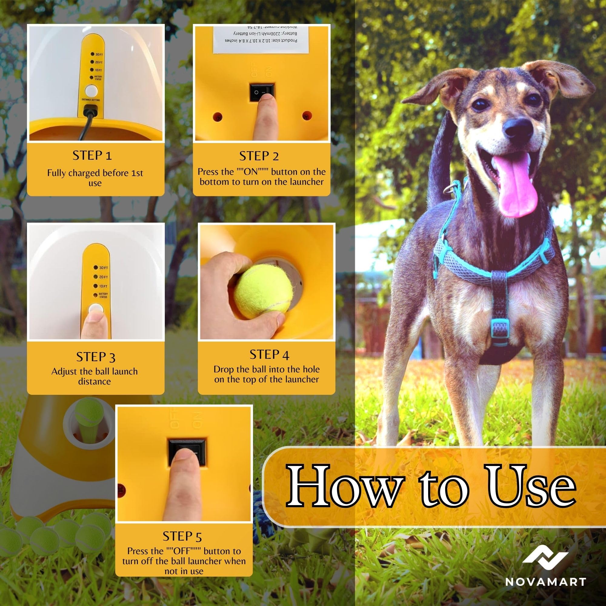 Lanceur de balles pour chien – Lanceur automatique de balles pour chiens de petite et grande taille, jouet interactif avec 6 balles de tennis et distance de lancement réglable, jeu intérieur