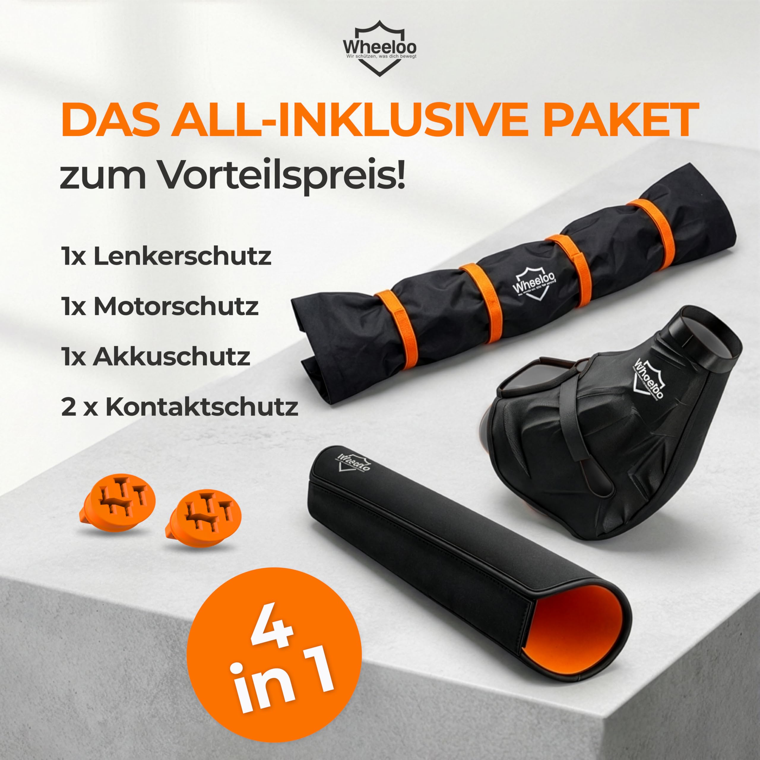 E-Bike Transportschutz Set 4-teilig für Motor, Akku, Lenker & Batterie-Kontakte 1. Generation I E Bike Schutzhülle wasserabweisend für Fahrradträger zB. für Bosch, Shimano, Yamaha Ebike I Wheeloo