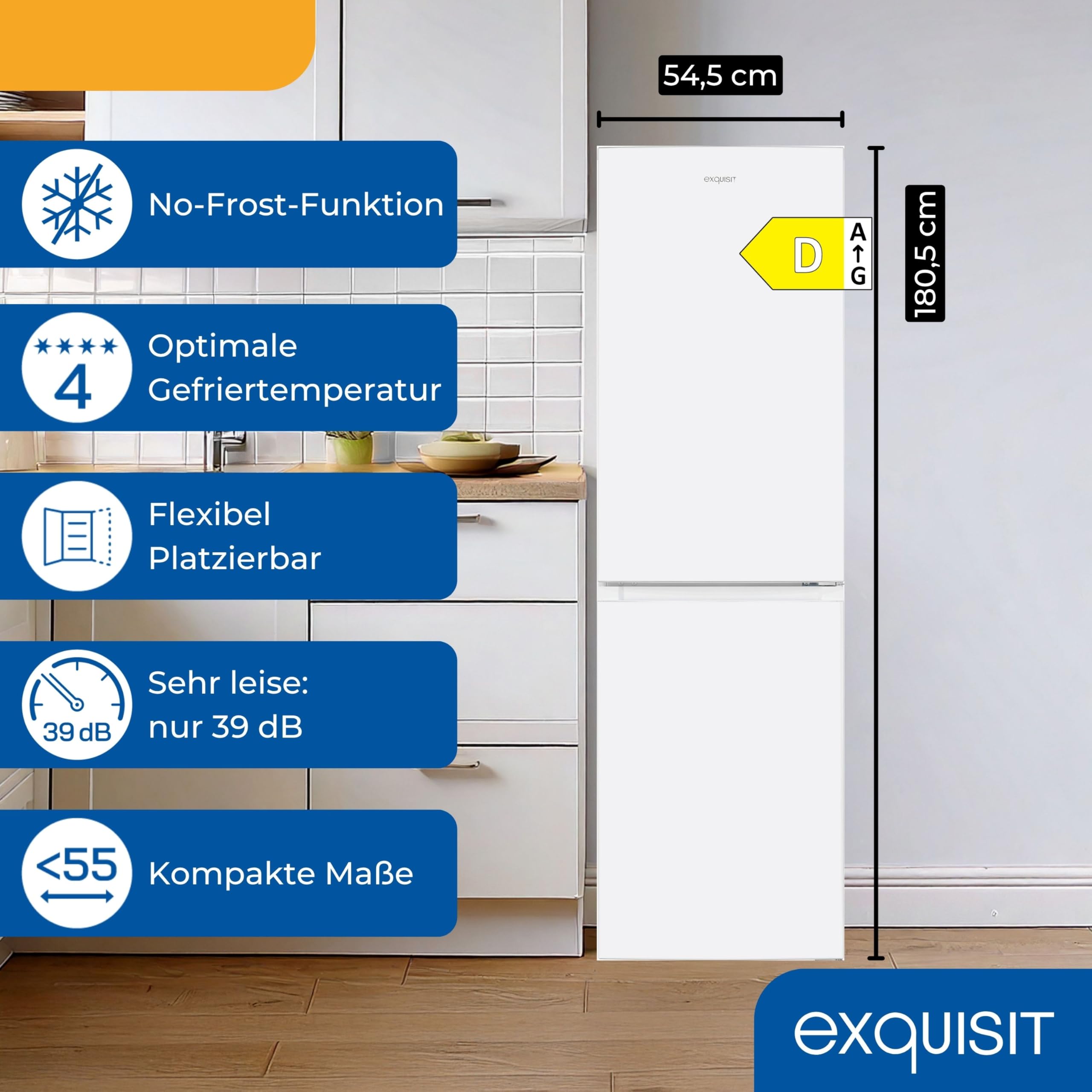 Exquisit Kühl-Gefrierkombination No Frost - 247 l Kühlschrank mit | Großer Kühl-Gefrierschrank in Weiß - 181 x 54,5 cm - 4-Sterne Gefrierteil - LED-Licht - Wechselbarer Türanschlag - Klasse D