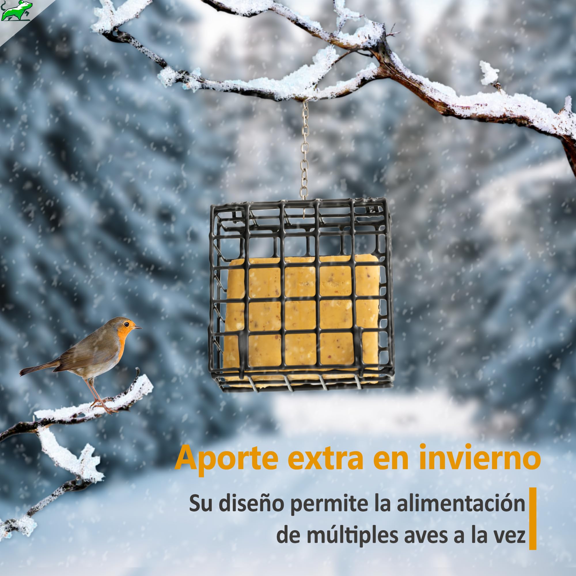 Mice&Co Comedero para Aves Colgante Exterior, con 4 Pasteles de Sebo | Atrae Aves a tu Jardín Todo el Año, Fácil de Colgar y Rellenar, Resistente y Duradero, Ideal para Regalar