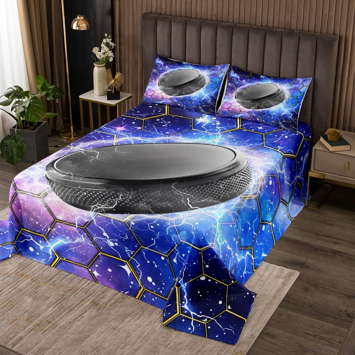 Manfei Ice Hockey Kids Bedspread Twin Size,Starry Sky Galaxy Geometric Honeycomb Hexagon Coverlet Set,Boys Girls Room Decor,Winter Sports Games Quilted Coverlet,Fashion Bedding Quilt,1 Pillowcase