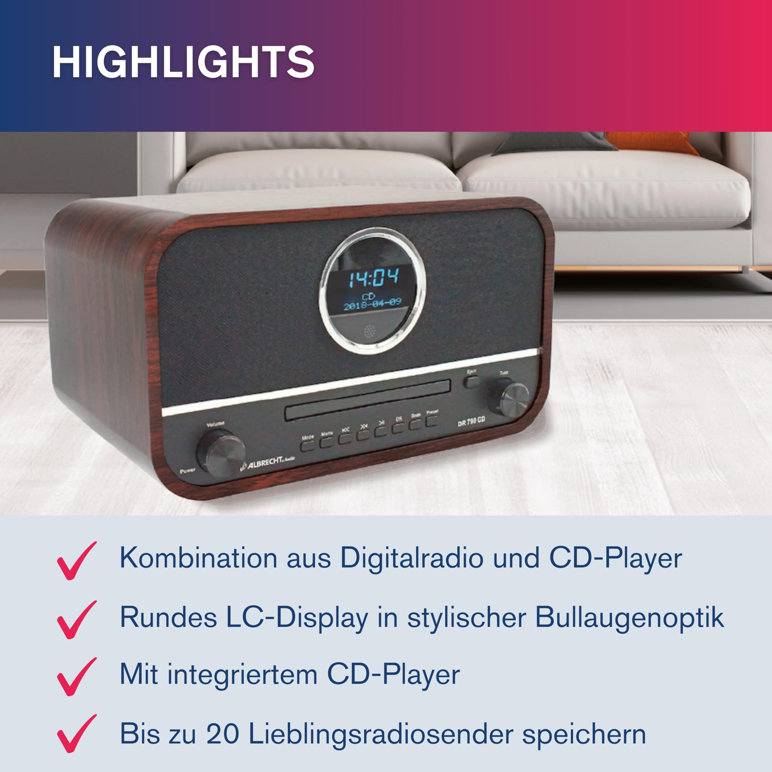 Albrecht DR 790 CD Digital-Radio DAB+ & UKW, multifunktional, CD-Player, Fernbedienung, Streaming & USB, Küchen-Radio, Holzgehäuse dunkelbraun