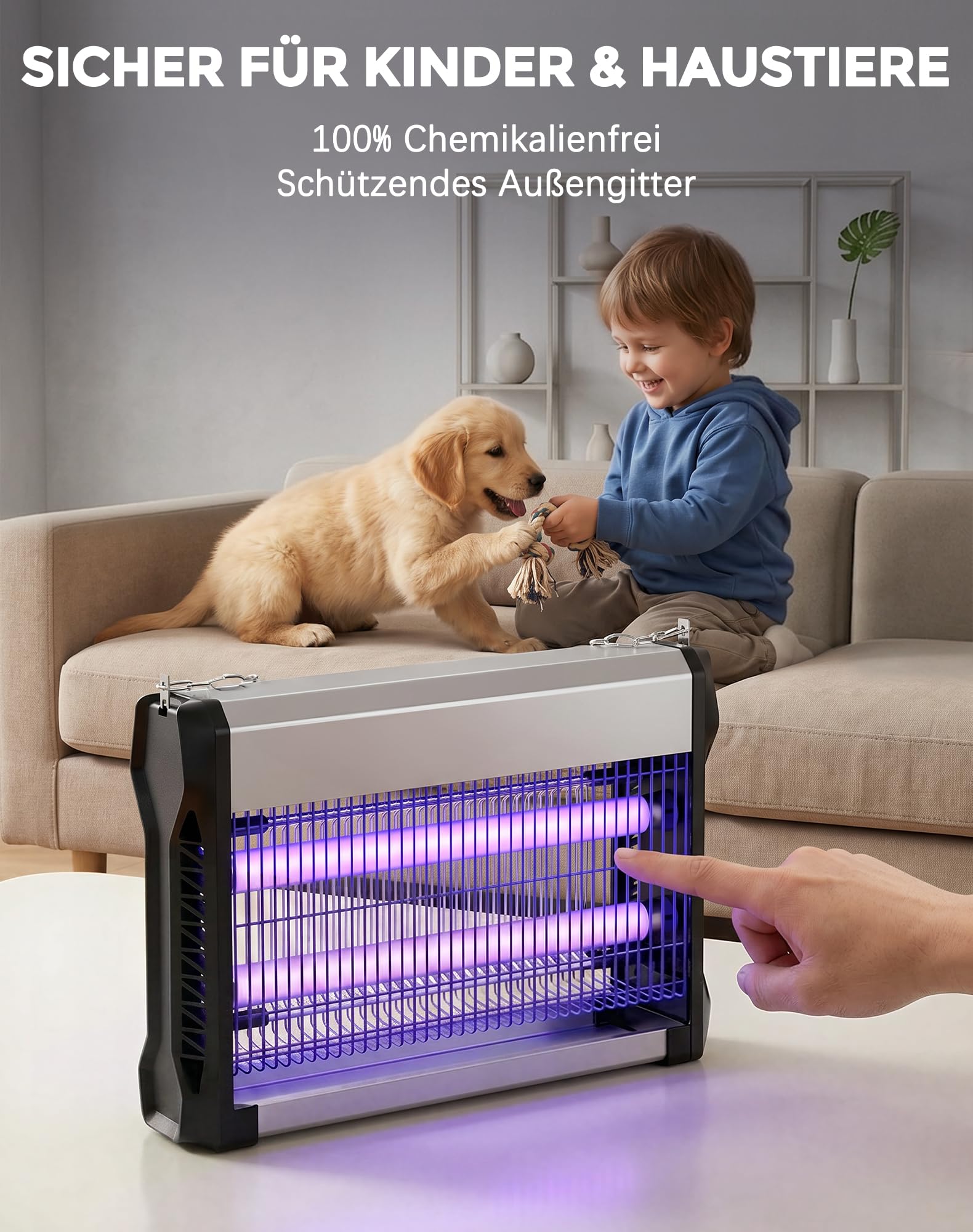 Insektenvernichter Elektrisch 2500V UV Fliegenfalle 20W, 100㎡ Abdeckung Mückenlampe mit V0 Flammschutz, Lautlose Mückenfalle Elektrisch für Innen und Aussen, Schlafzimmer, Büro