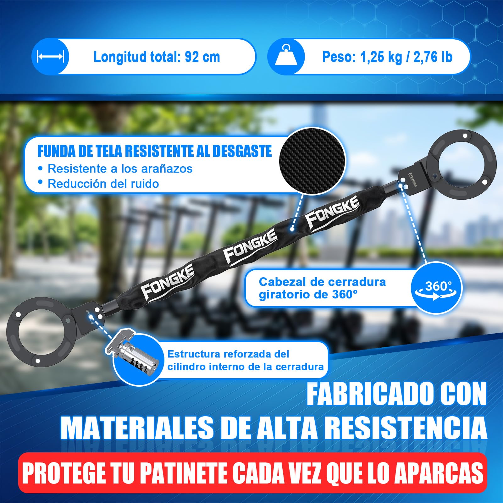 Candado Patinete Electrico, 92cm de Cadena de Acero de 6 mm, Negro