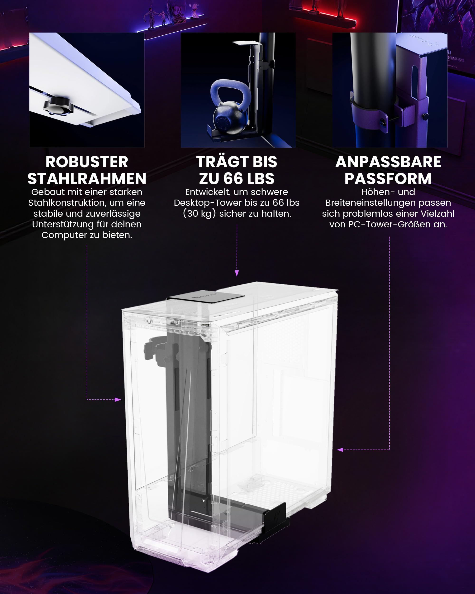 Arozzi PC-Halterung: Untertisch-Computer-Tower-Halter, höhen- & breitenverstellbare CPU-Halterung, Schwerlast-Stahl, 360° drehbar, trägt bis zu 30 kg, platzsparendes Schreibtisch-Setup - Schwarz