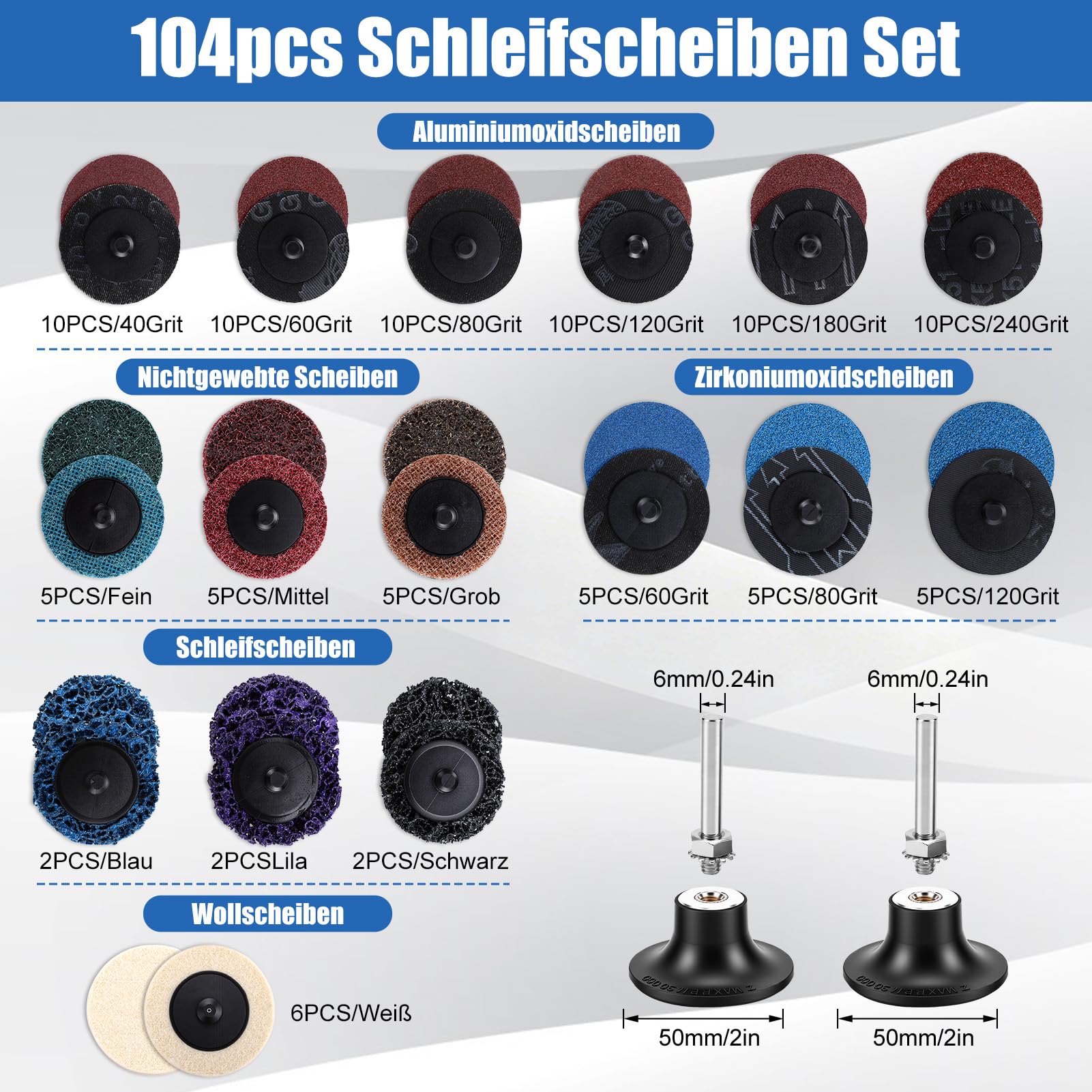 Yosoo Health Gear 104Pcs Schnellwechsel Schleifscheiben Set, 50mm CSD-Scheiben Schleifscheiben Schleifwerkzeug Set mit 1/4" Halter für Oberflächen Polieren, Entgraten, Schleifen, Entrosten