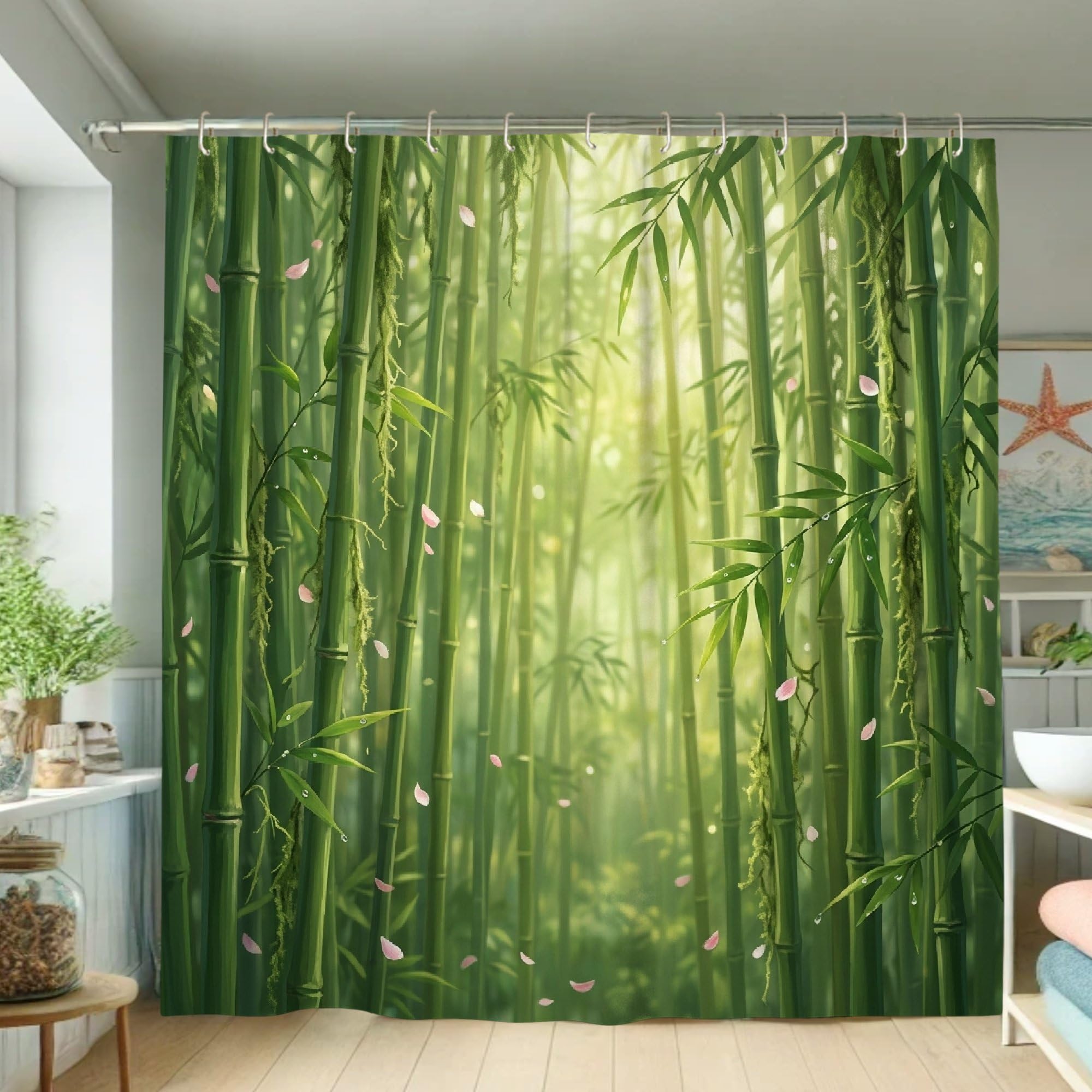 Rideau de douche en bambou naturel feuilles zen vert tissu étanche