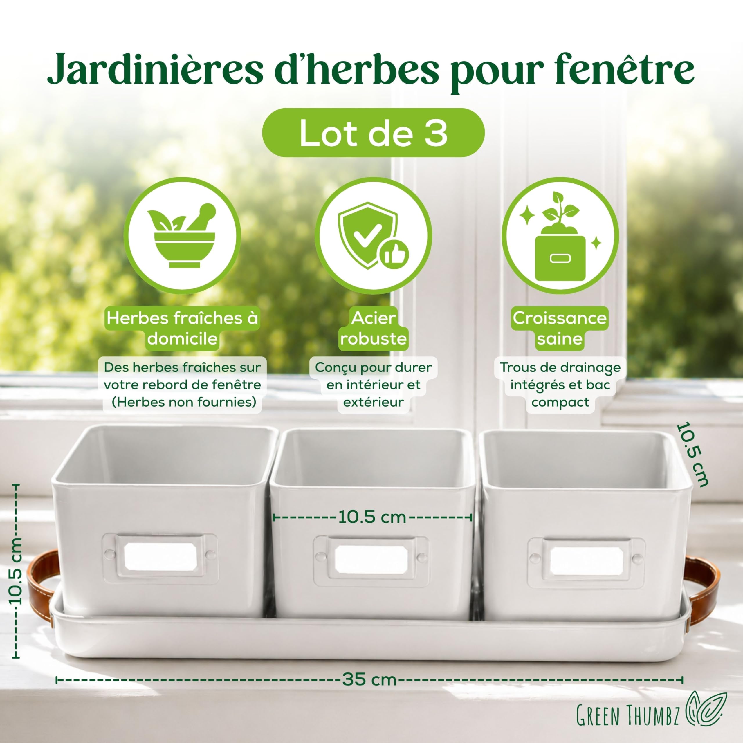 Green Thumbz Jardinière Herbes Aromatiques avec Poignée en Cuir - Idéal pour Basilic en Pot Herbes Aromatiques à Planter - avec Bac de Récupération et Trou de Drainage (Blanc)