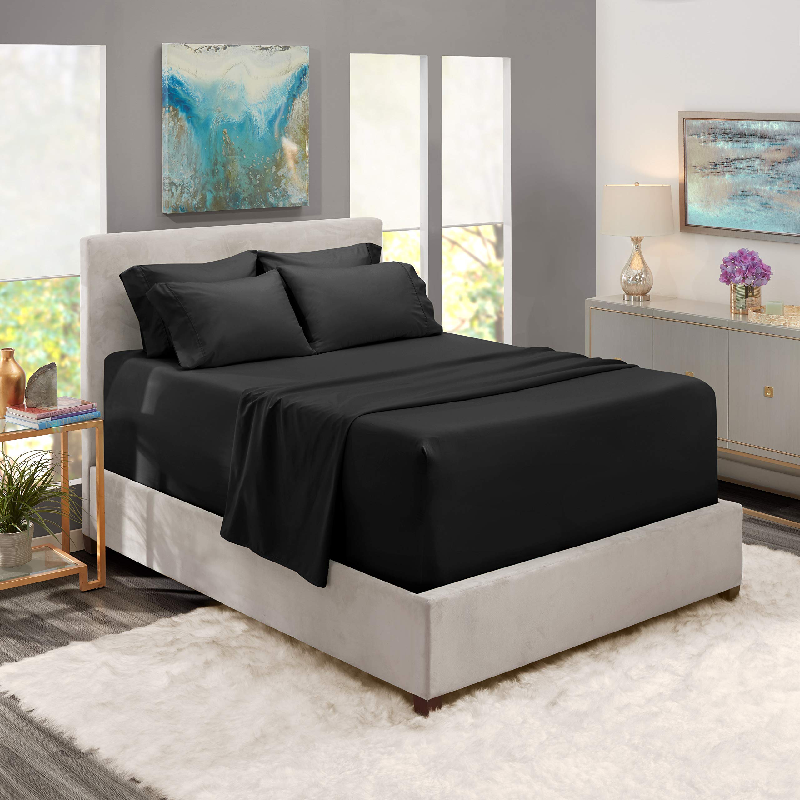 NestlExtra Deep King Sheet Set - 6 Piece Breathable & Cooling Sheets - Hotel Luxury Bedding Set w/18-24 Inch Deep Pockets - Easy & Secure Fit - Super Soft, Wrinkle Free & Comfy - BlackOEKO-TEX STANDARD 100