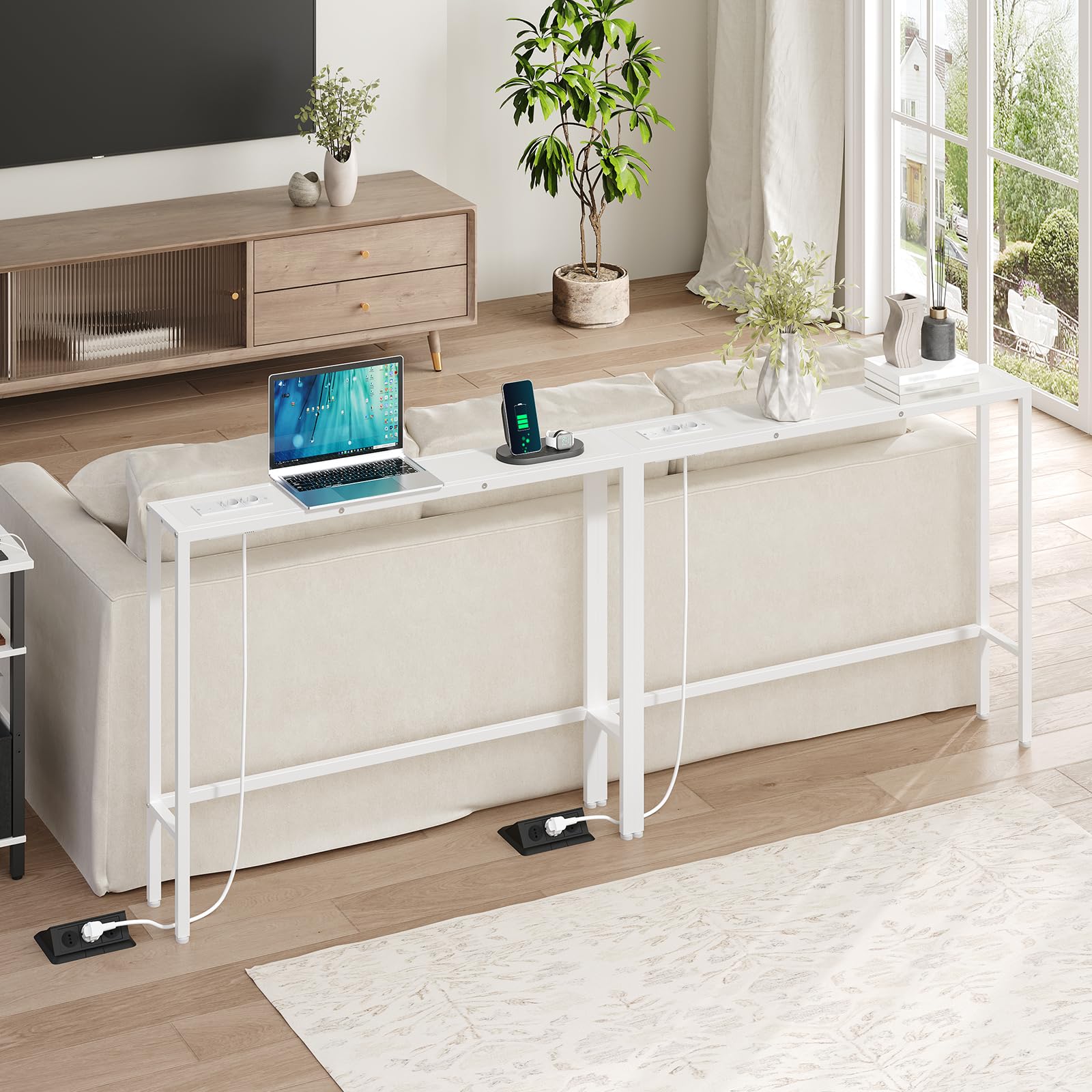 MAHANCRIS Juego de Dos Mesas de Entrada de 100 cm, Aparadores con Enchufe y Puerto USB, Mesitas Auxiliares de Sofá Largas y Estrechas, para Pasillo, Salón, Blanco ACTWT968UE01S2