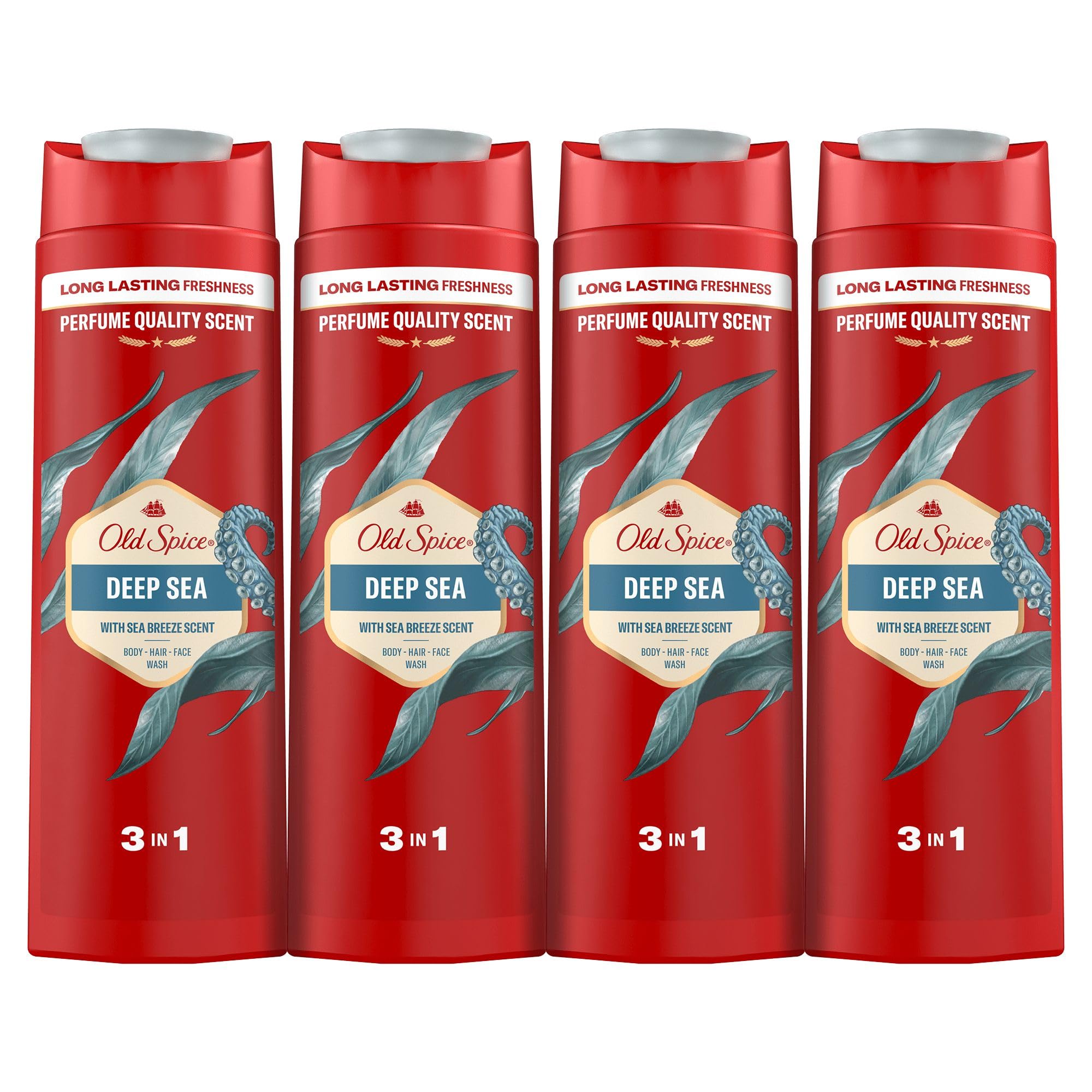 Old Spice Deep Sea Gel De Ducha Y Champú Para Hombres 4x400ml, Gel Para Cara, Cuerpo Y Pelo 3 En 1 Multiusos, Frescura Duradera, Fragancia Excepcional, Limpieza Profunda