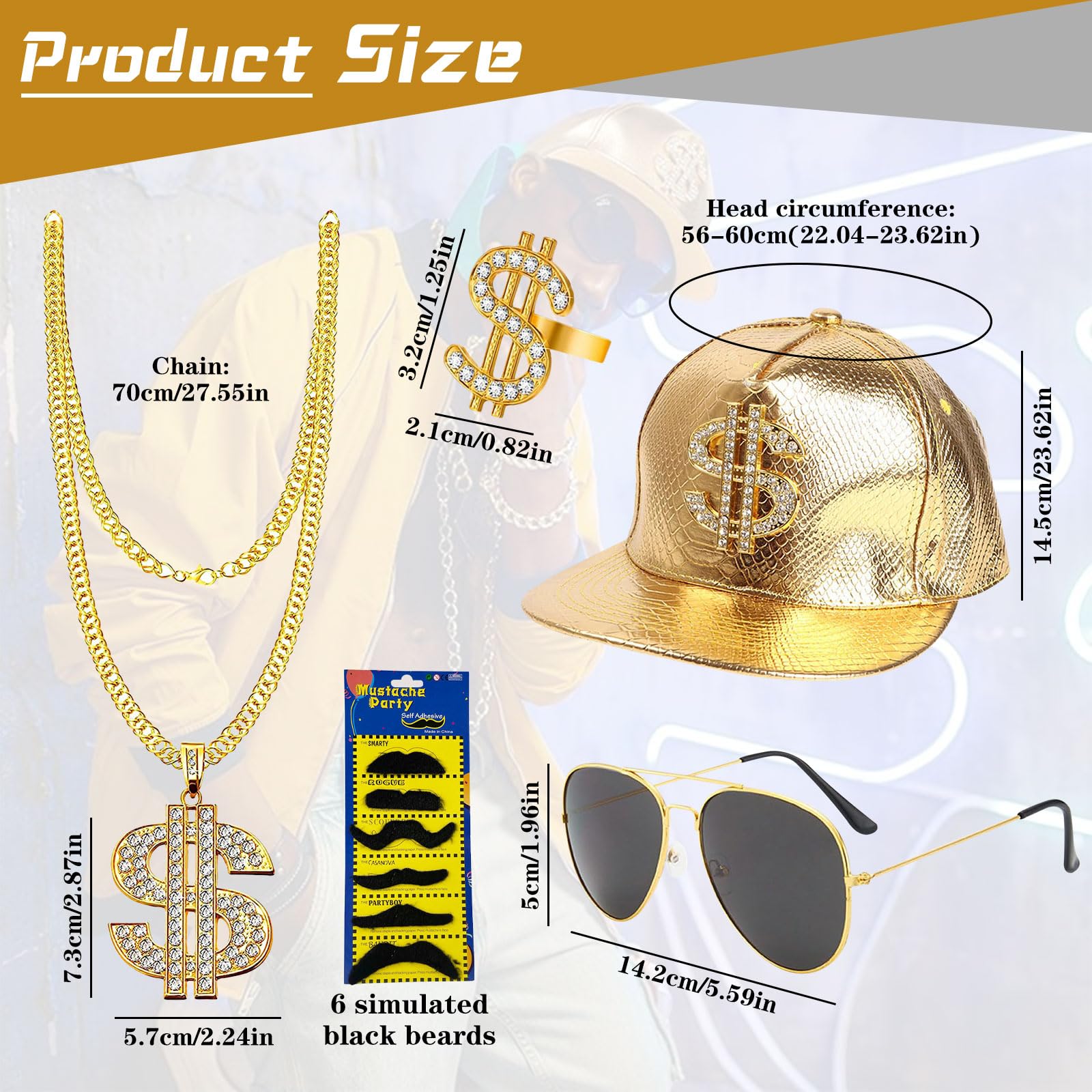 BSBUY Pooierkostuum set rapper hiphop accessoires met dollarketting, grote gouden halsketting, dollarteken ring, gouden armband, heren gangster bende ring voor jaren 80/90 carnaval themafeest party