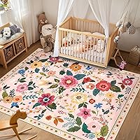 RELEANY Pink Floral 5x7 Boho Area Rug - Machine Washable, Non-Slip Low Pile for Living Room, Bedroom, Kitchen
