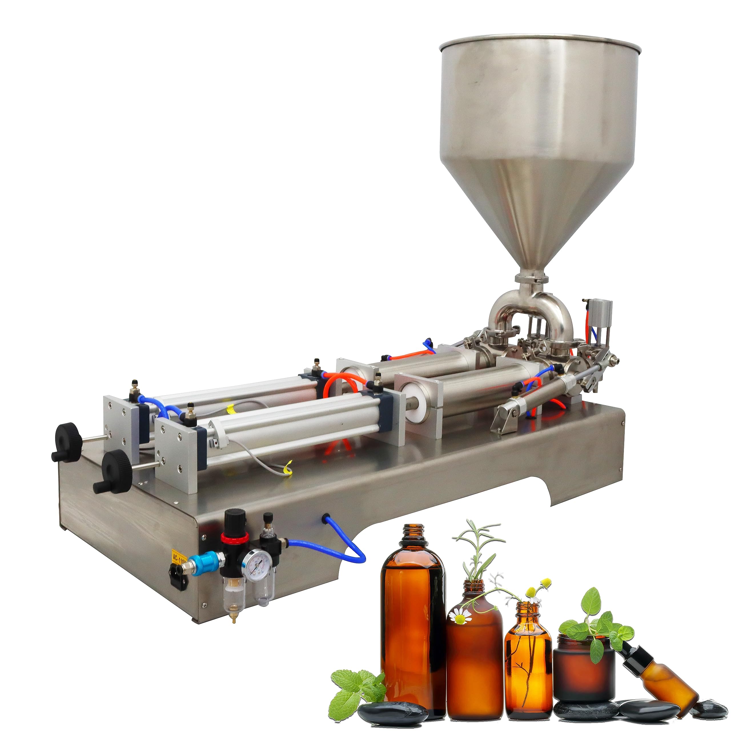 WYDDDARY Pneumatic Paste Liquid Filling Machine 50-500ml Liquid Paste Fill Machine 110V Stainless Steel Bottle Filler with Two Nozzles for Liquids, Pasty Fluid, Oil Silver