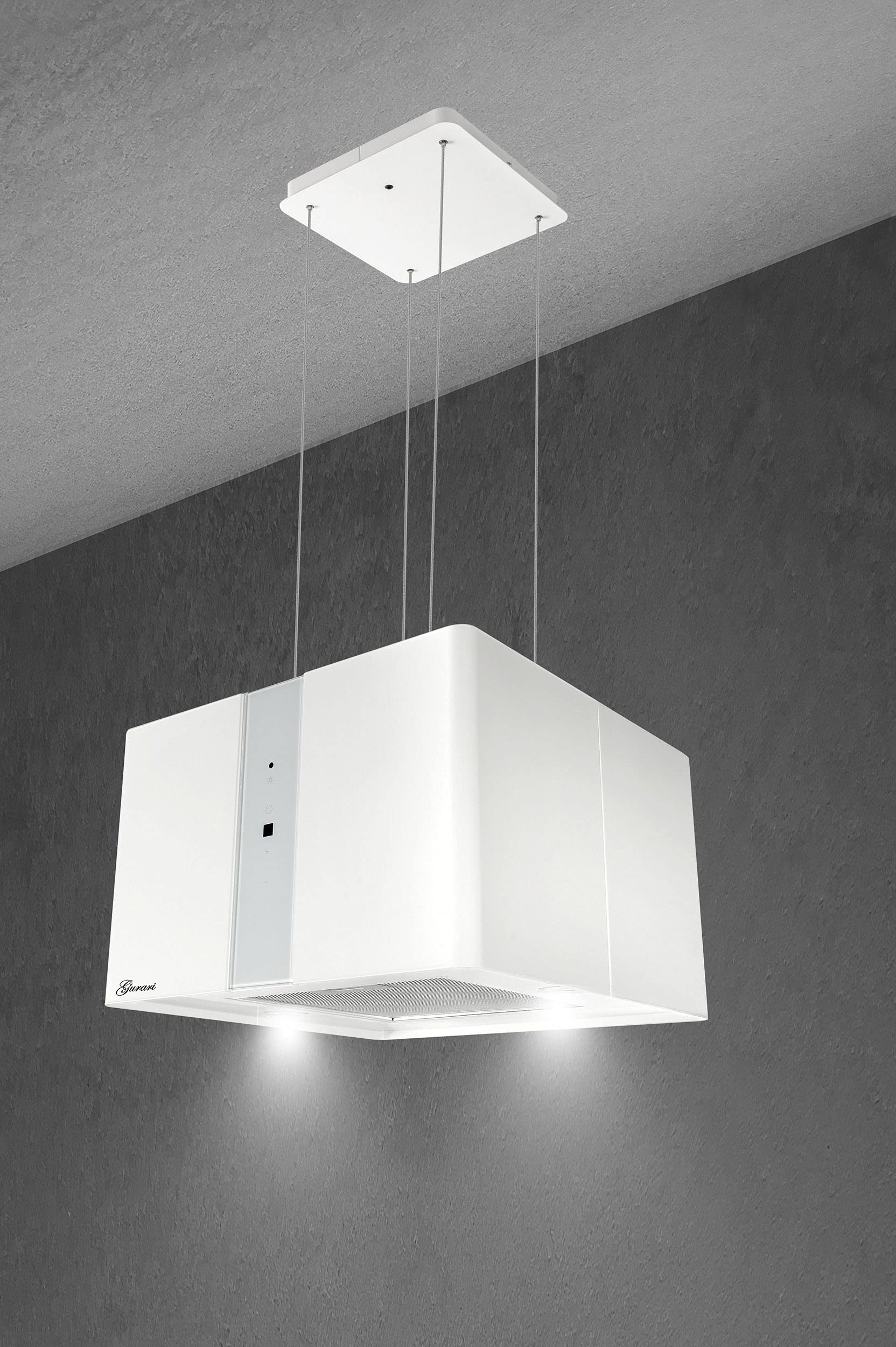 Cofano ad isola GURARI GCH I 331 45 WH PRIME, cofano ad isola a ricircolo 45 cm, cofano a soffitto, 1000m³/h, bianco, vetro bianco, 4 livelli, display, illuminazione LED