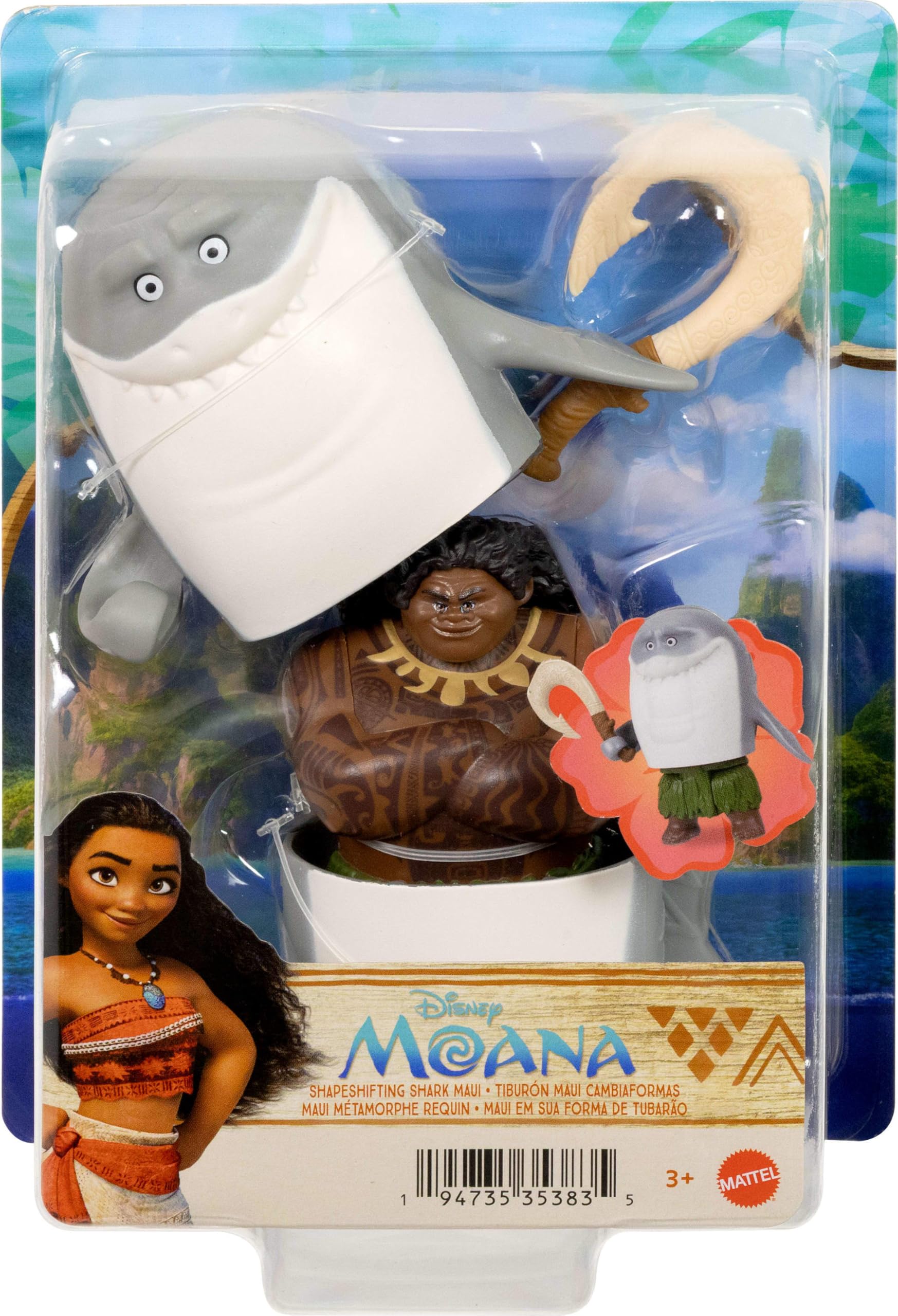 Mattel Disney Moana Toys Maui mała lalka ze strojem zmieniającego rekina i akcesorium na haczyk na ryby, zmieniający kształt inspirowany filmem