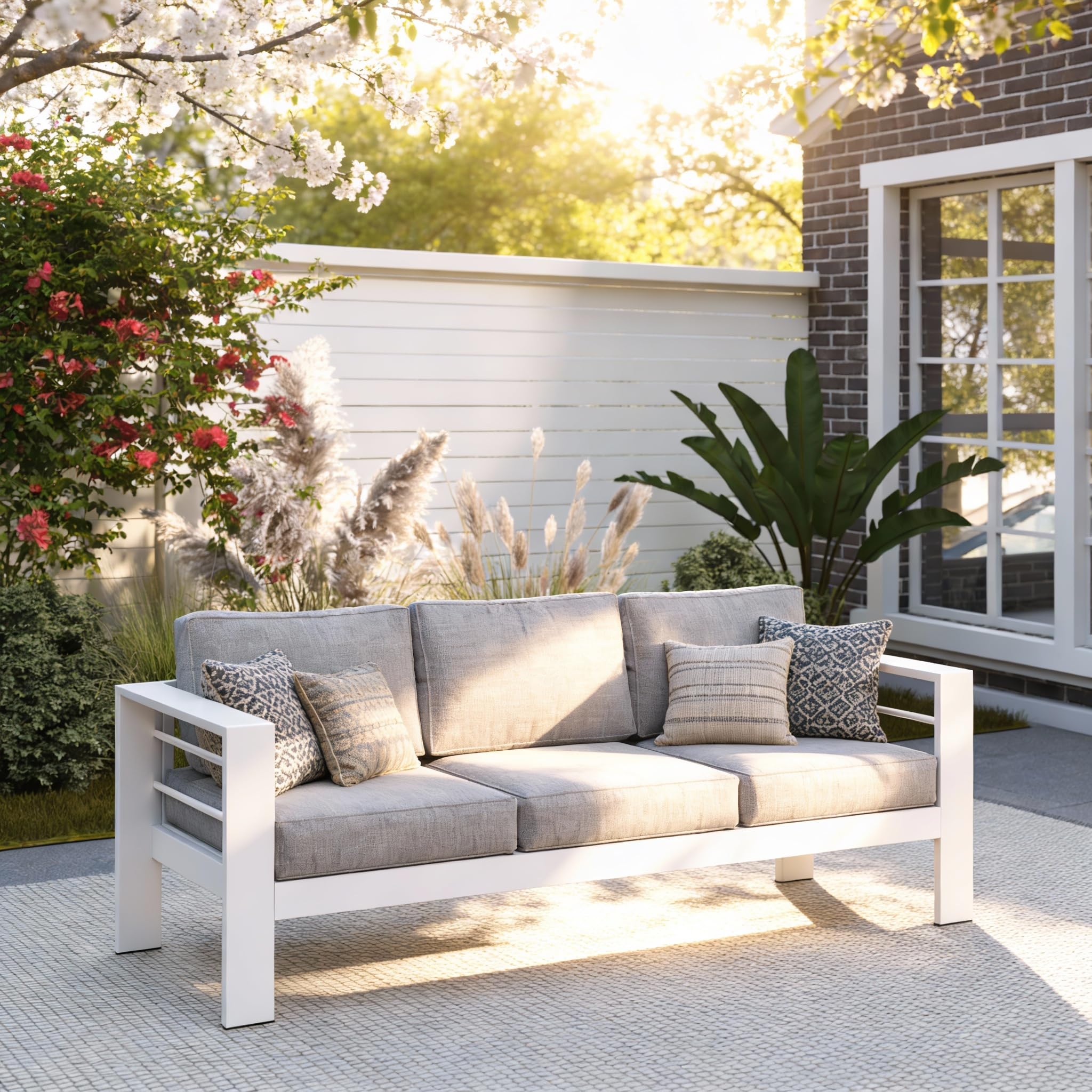 Kiss the Water Outdoor Couch Aluminum Patio Furniture Sofa, 3 Seat All-Weather Metal Patio Couch with 5" Thick and Soft Cushion and Wide Arm, Outdoor