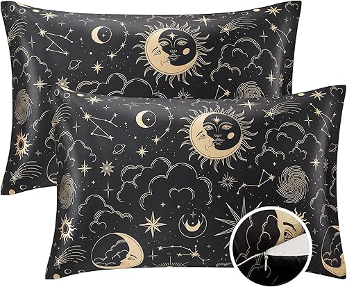 EXQ Home Juego de 2 fundas de almohada sedosas con cremallera, tamaño Queen, fundas de almohada de satén con estampado negro de 20 x 30 pulgadas,