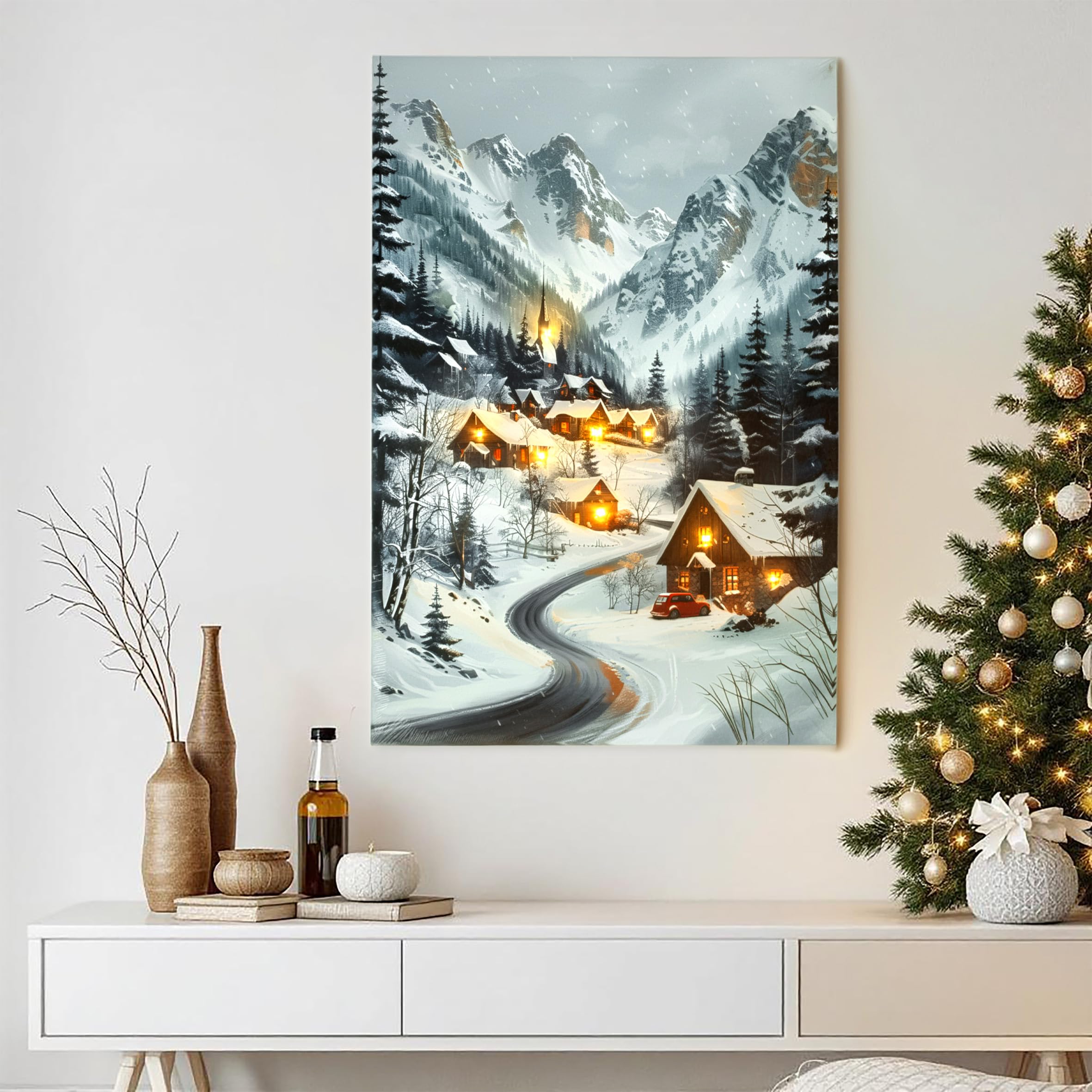 Spetebo Immagine natalizia da parete con illuminazione a LED alimentata a batteria - 58 x 38 cm - Immagine di villaggio invernale su tela illuminata in bianco caldo - Decorazione natalizia da parete