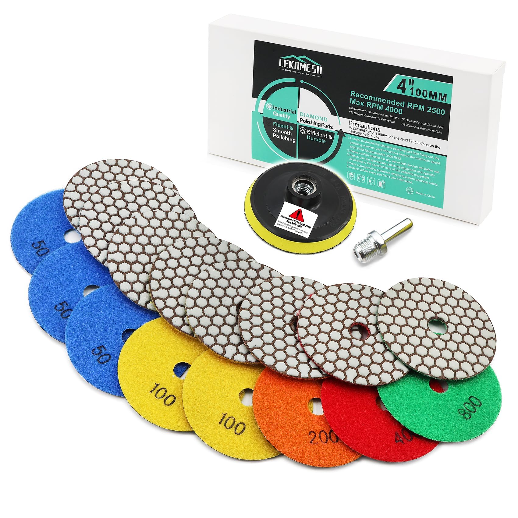 Disque Diamant de Polissage LEKOMESH 100mm 8pces M14 Tampon d'Appui pour Granit Marbre Pierre