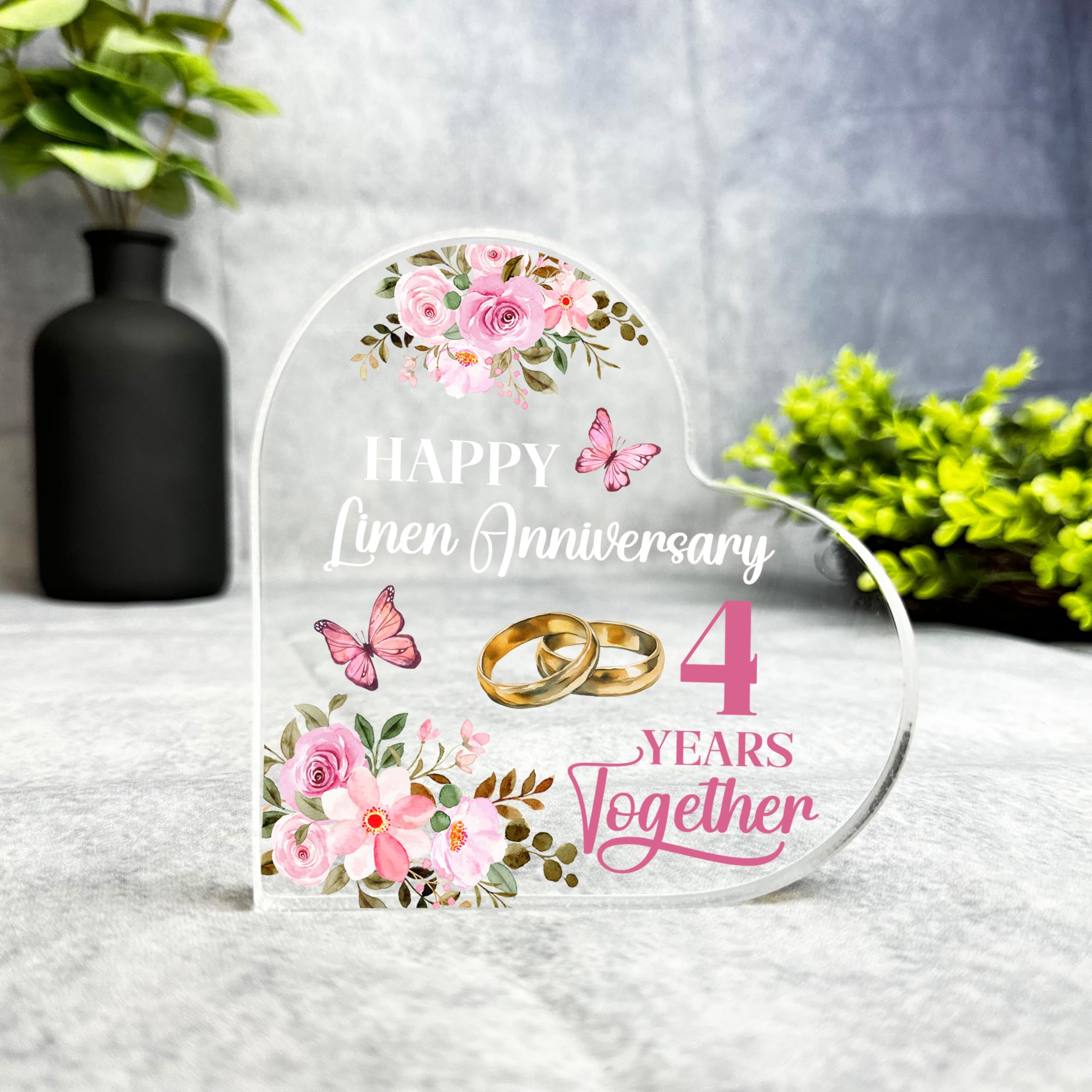 Linen 4th Gift For Wedding Anniversary 4 Years Together Keepsake Side Heart Plaque | Decorative Trinket Gift | Acrylic Plaque Ornament Keepsake Gift | Custom Sentimental Gift