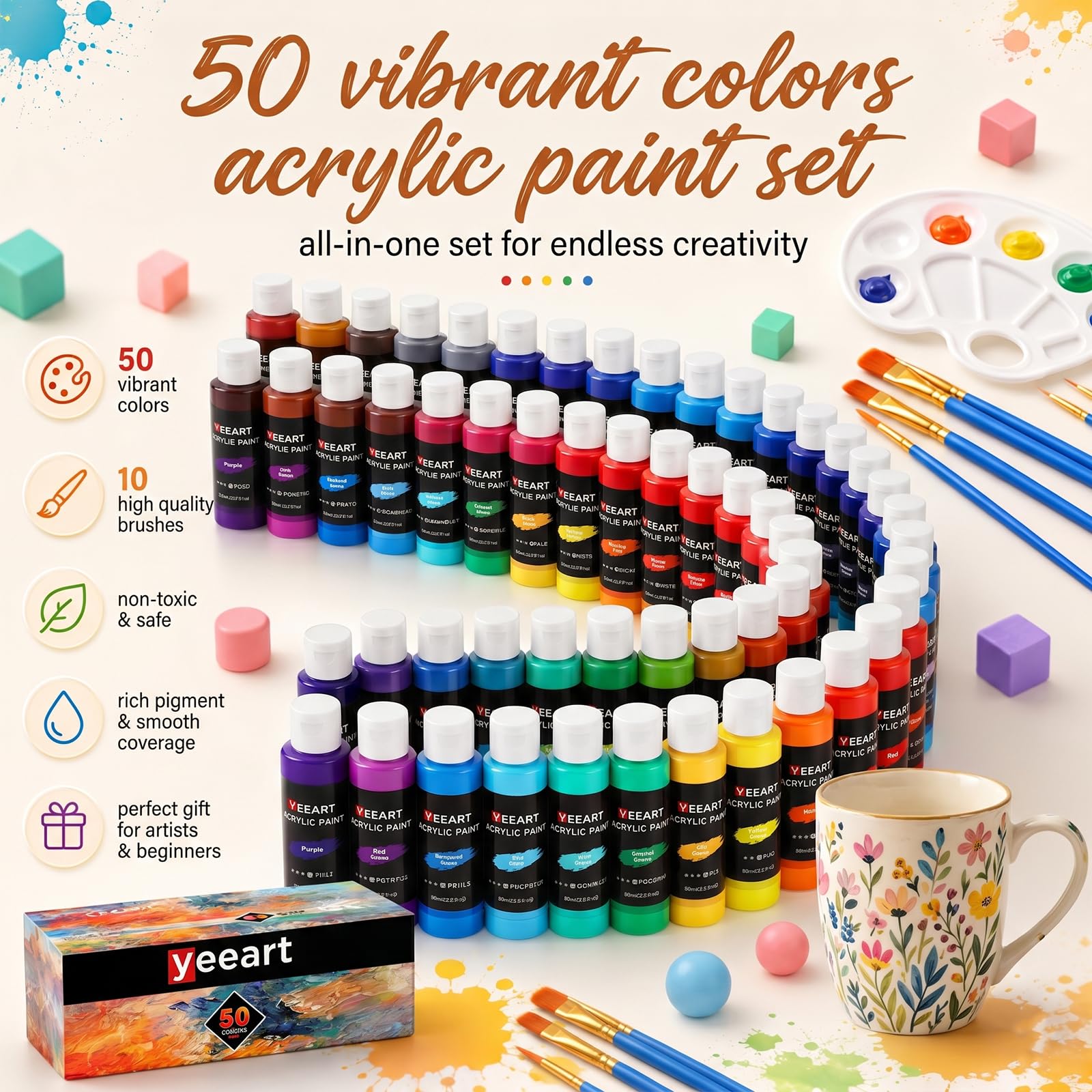 Zestaw farb akrylowych, 50 kolorów (60 ml), 10 pędzli, nietoksyczne, akrylowe farby wodoodporne, bogate pigmenty dla studentów, dorosłych, artystów, na kamieniach, ceramice, rzemiośle artystycznym