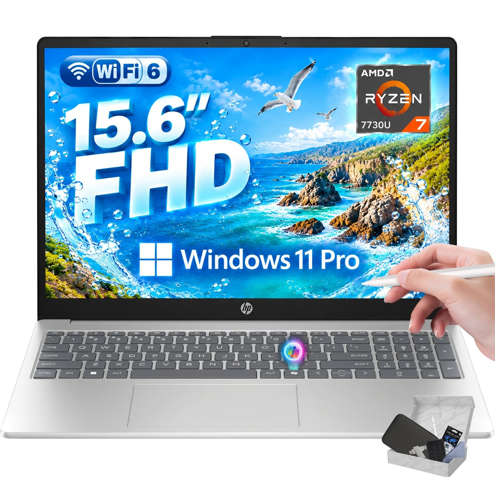 15.6" Touchscreen Laptop, Ryzen 7 7730U, 16GB 512GB SSD, FHD IPS Display
